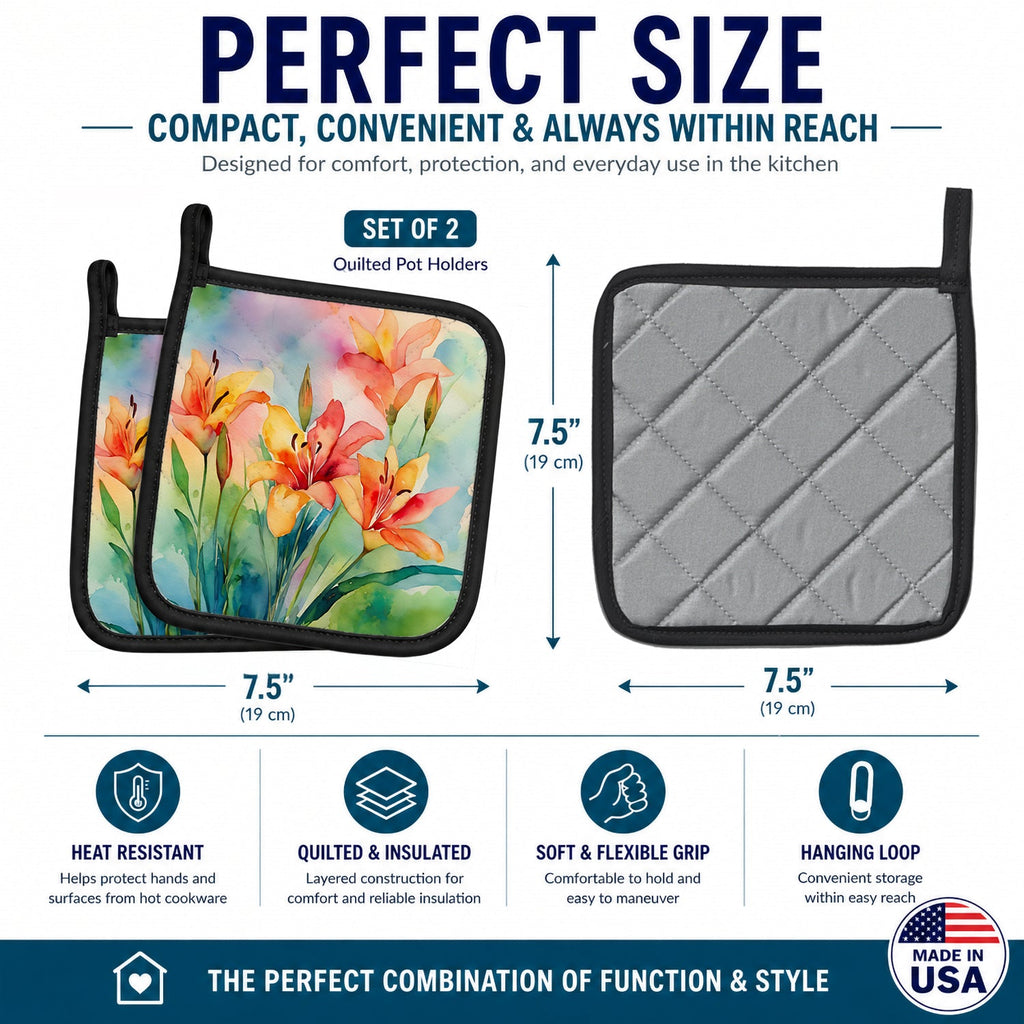 Lilies in Watercolor Pot Holder Set of 2 Heat Resistant Quilted Hot Pads 7.5 x 7.5 Inch, Insulated Kitchen Trivets for Cooking & Baking