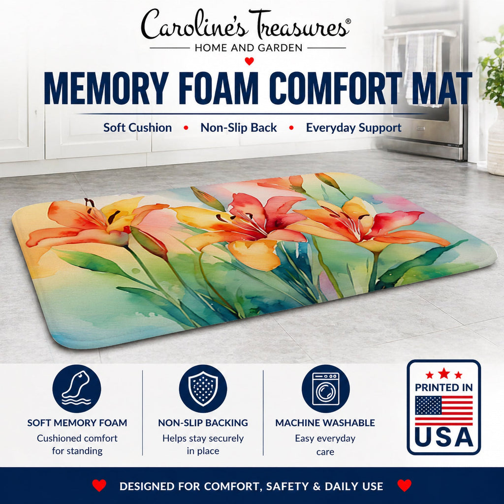 Lilies in Watercolor Memory Foam Kitchen Mat Machine Washable Anti-Fatigue Cushion Comfort Bath or Kitchen Rug