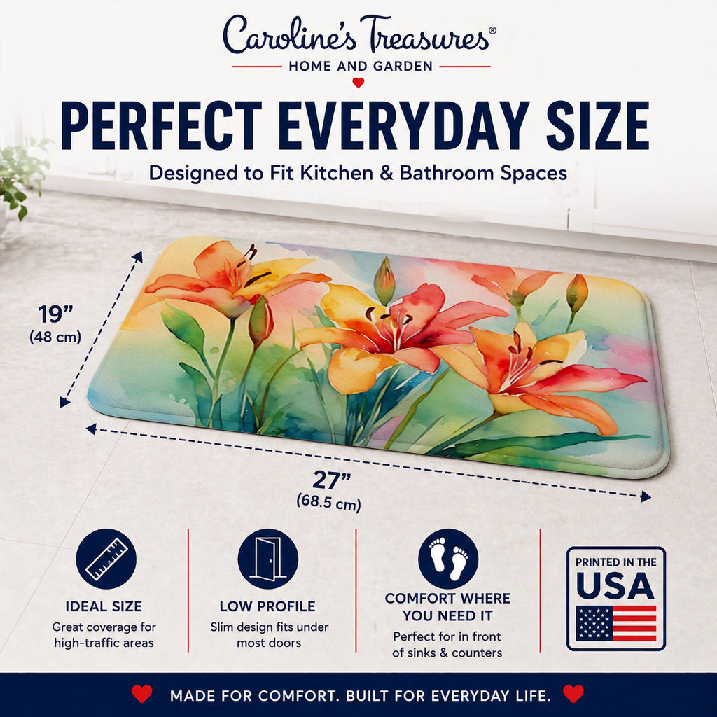 Lilies in Watercolor Memory Foam Kitchen Mat Machine Washable Anti-Fatigue Cushion Comfort Bath or Kitchen Rug