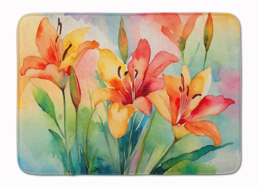 Lilies in Watercolor Memory Foam Kitchen Mat Machine Washable Anti-Fatigue Cushion Comfort Bath or Kitchen Rug