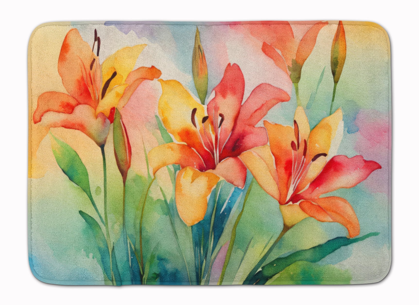 Lilies in Watercolor Memory Foam Kitchen Mat Machine Washable Anti-Fatigue Cushion Comfort Bath or Kitchen Rug