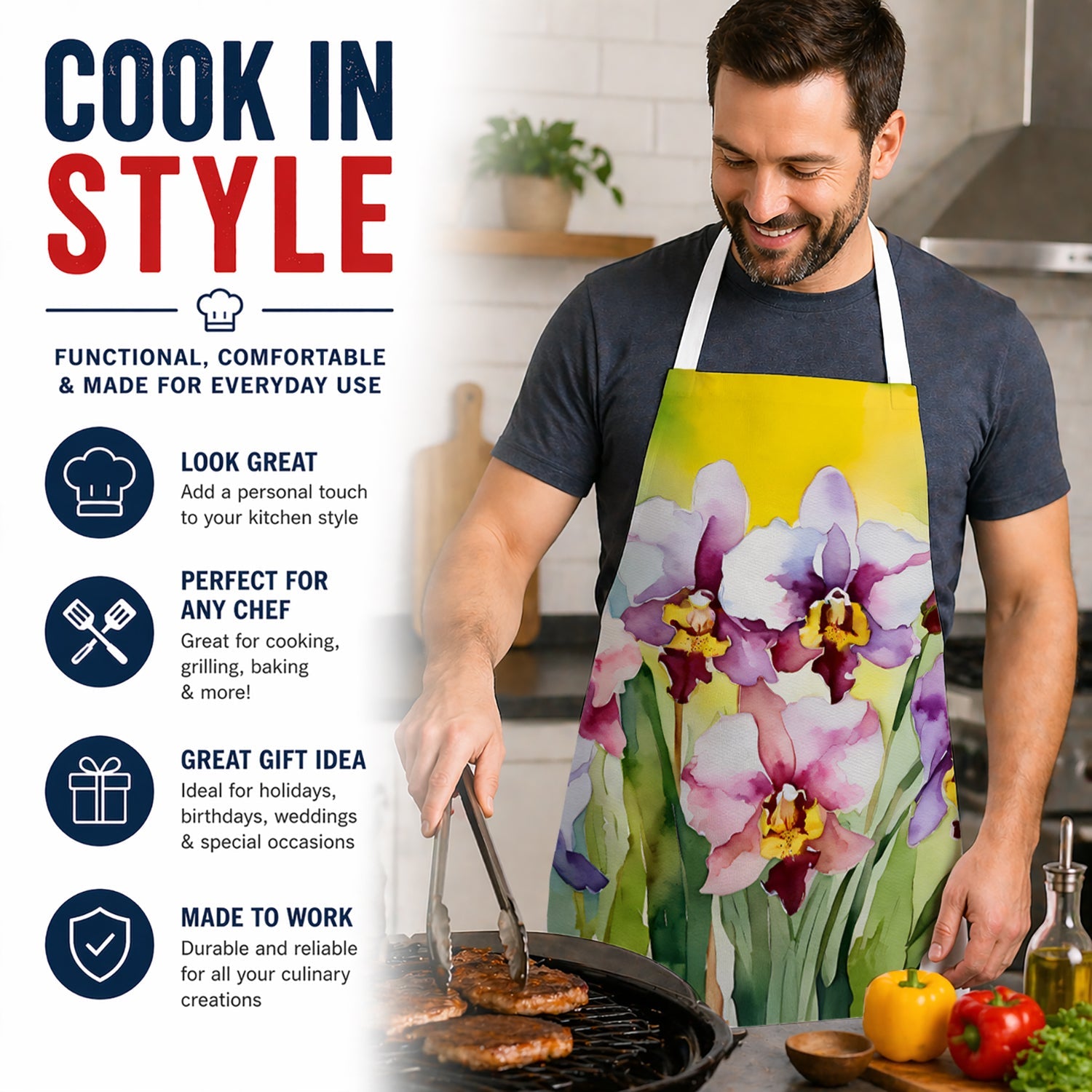 Orchids in Watercolor Apron Cooking Kitchen Server Baking Crafts Gardening for Adult Women Men, Unisex, Large, Multicolor