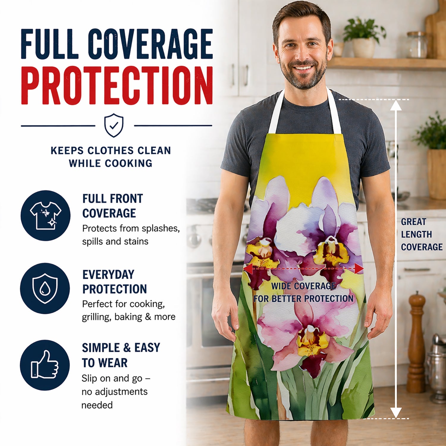 Orchids in Watercolor Apron Cooking Kitchen Server Baking Crafts Gardening for Adult Women Men, Unisex, Large, Multicolor
