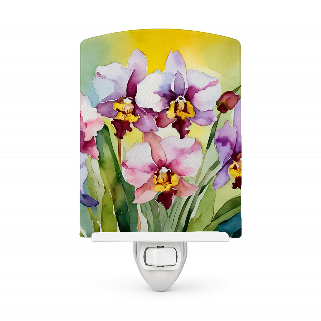Orchids in Watercolor Ceramic Night Light Compact, UL-Certified, Ideal for Bedroom, Bathroom, Nursery, Hallway, Kitchen, 6x4x3, Multicolor