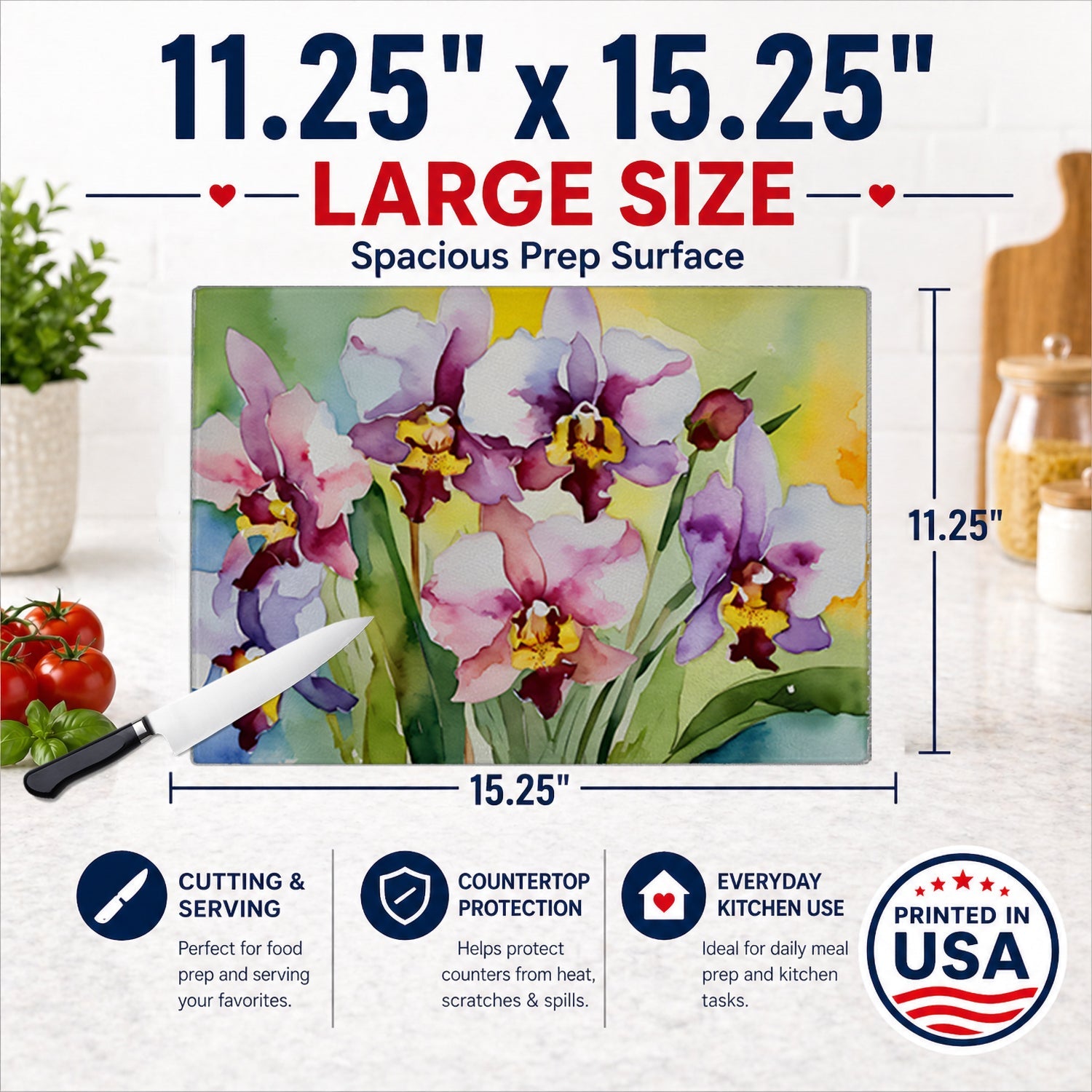 Orchids in Watercolor Cutting Board Tempered Glass Kitchen Cutting Surface, Heat Resistant Chopping, Non-Slip Feet, Food Prep & Serving