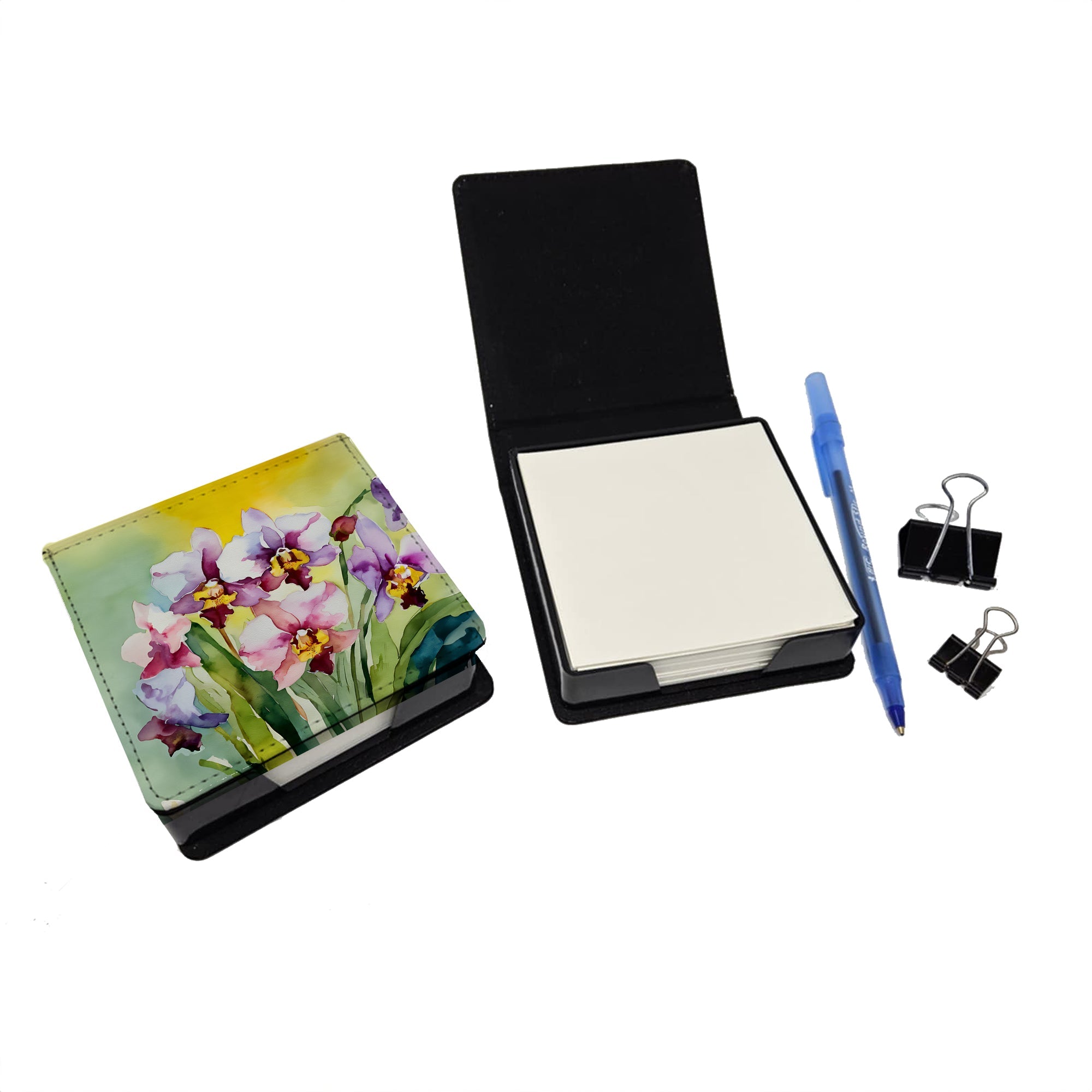 Orchids in Watercolor PU Leather Note Paper Holder with Artist-Designed Cover, Desk Accessory, Office Gift