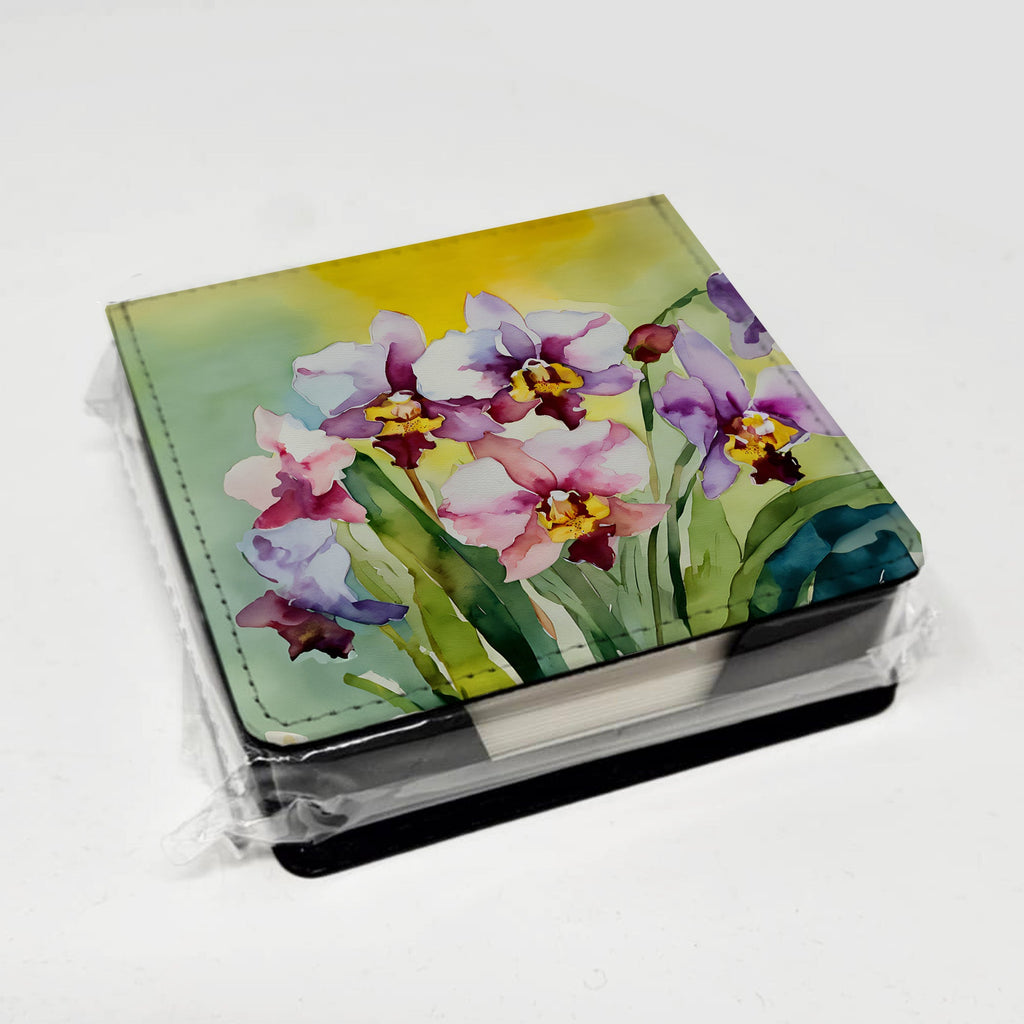Orchids in Watercolor PU Leather Note Paper Holder with Artist-Designed Cover, Desk Accessory, Office Gift