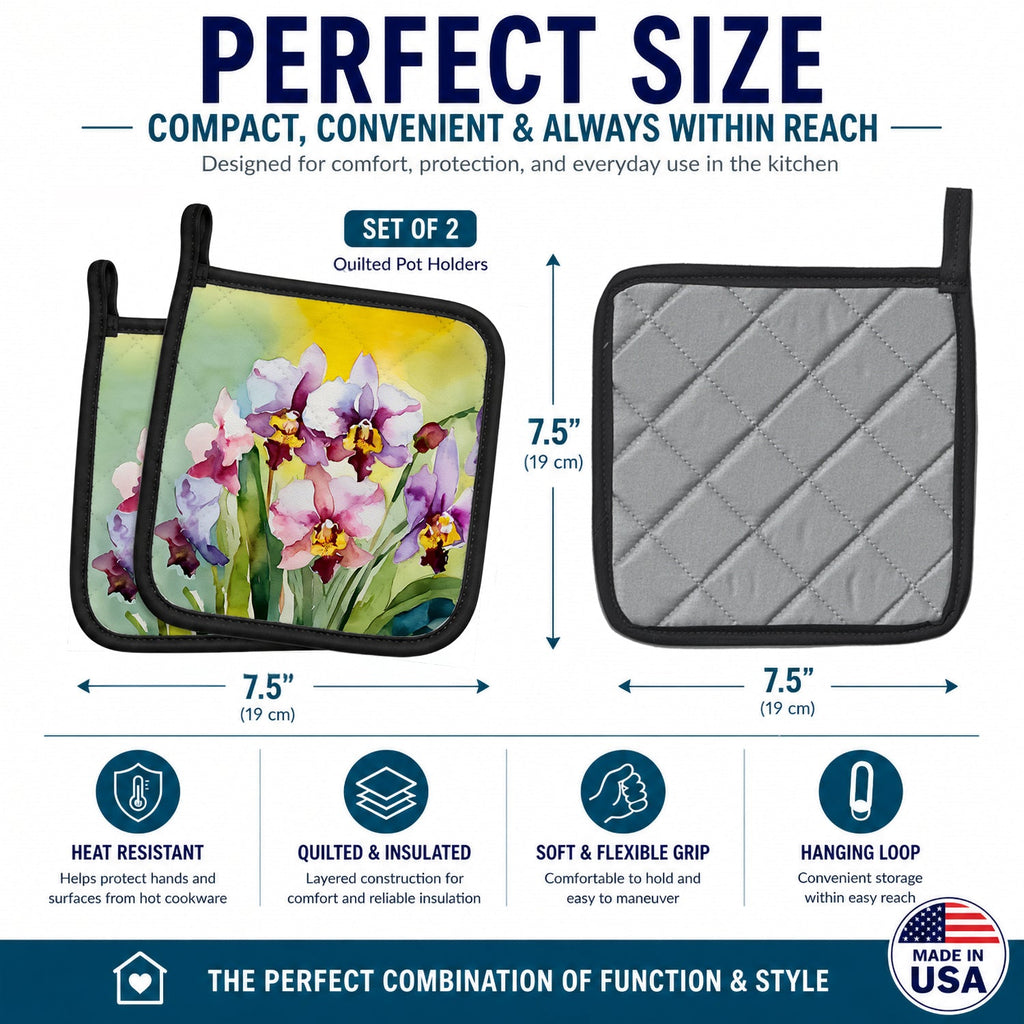 Orchids in Watercolor Pot Holder Set of 2 Heat Resistant Quilted Hot Pads 7.5 x 7.5 Inch, Insulated Kitchen Trivets for Cooking & Baking