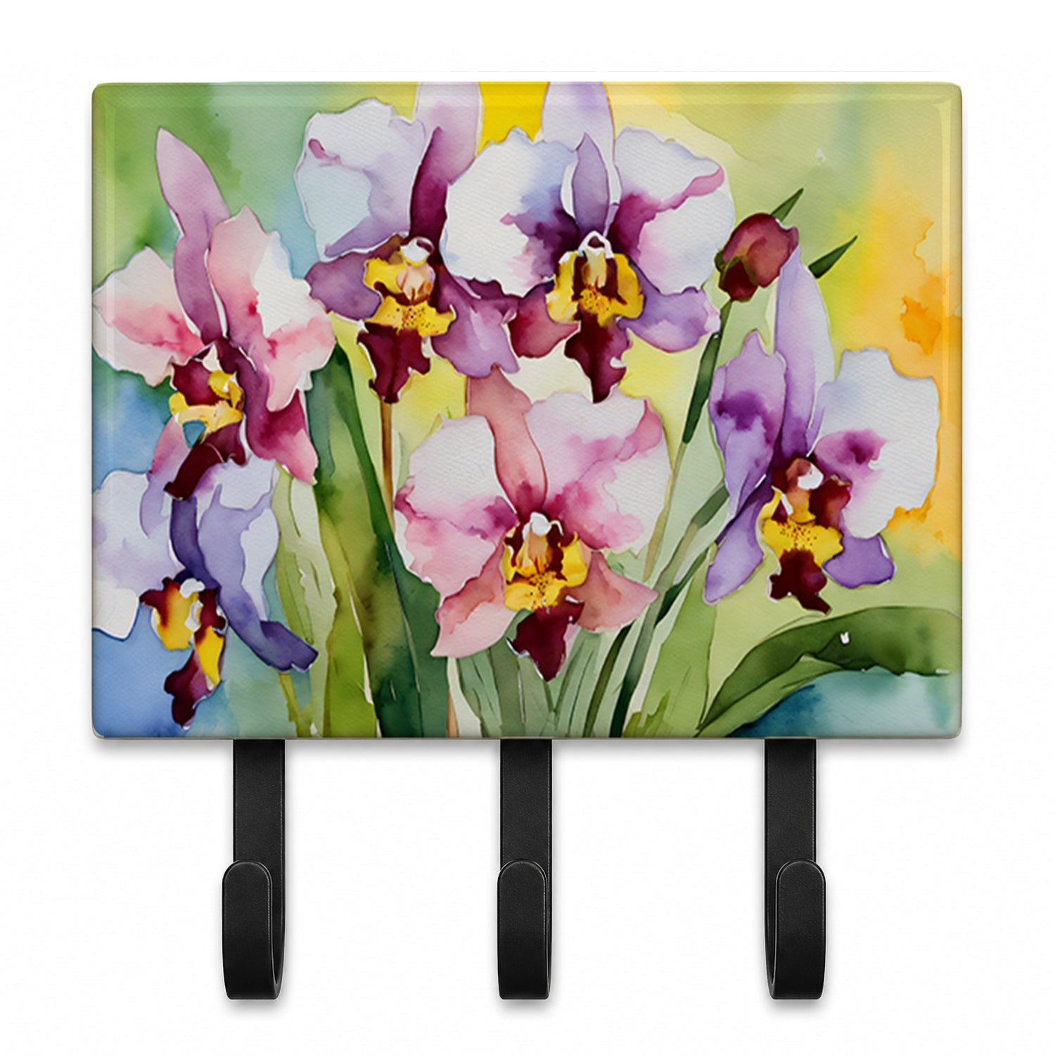 Orchids in Watercolor Leash or Key Holder Wall Hooks, Coat Rack Wall Mount, for Hanging Keys, Towels, Aprons, Leashes