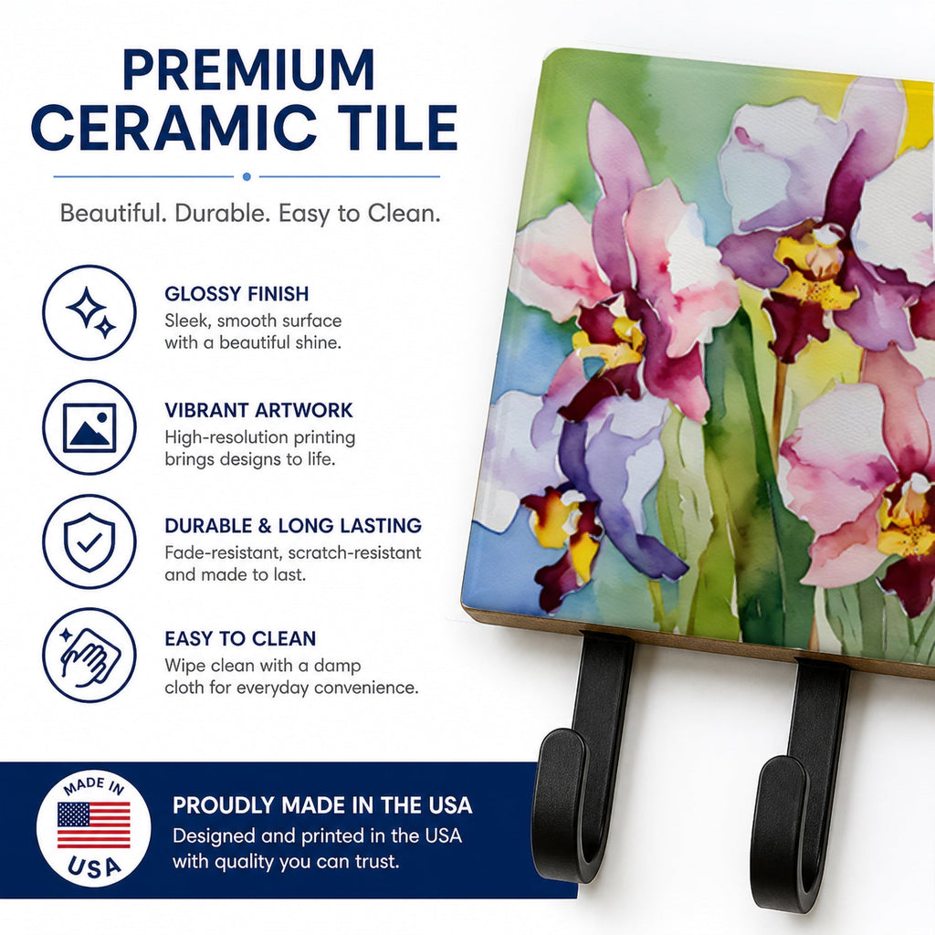 Orchids in Watercolor Leash or Key Holder Wall Hooks, Coat Rack Wall Mount, for Hanging Keys, Towels, Aprons, Leashes