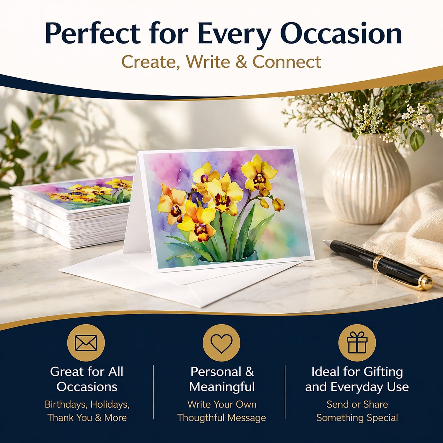 Orchids in Watercolor Greeting Cards Pack of 8 Blank Cards with Envelopes Whimsical A7 Size 5x7