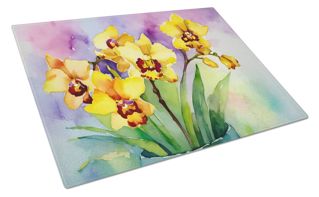 Orchids in Watercolor Cutting Board Tempered Glass Kitchen Cutting Surface, Heat Resistant Chopping, Non-Slip Feet, Food Prep & Serving