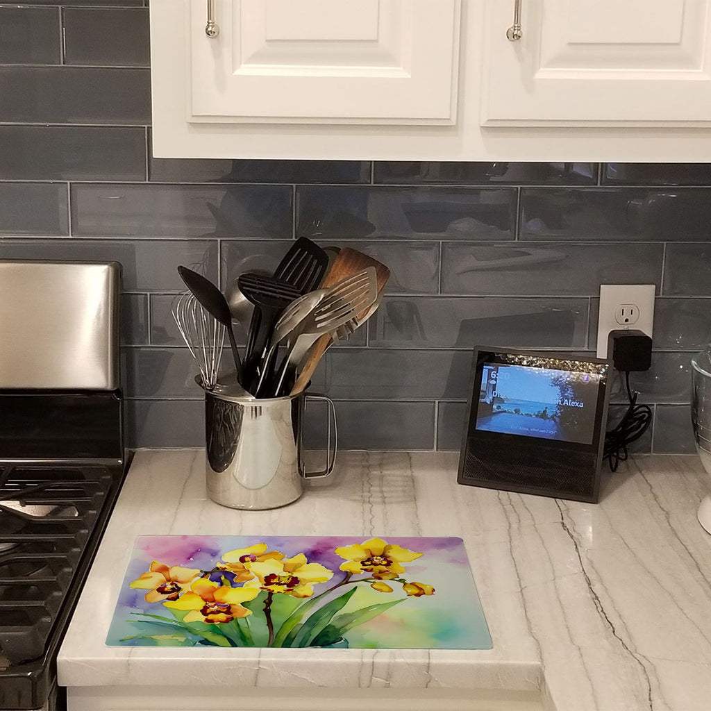 Orchids in Watercolor Cutting Board Tempered Glass Kitchen Cutting Surface, Heat Resistant Chopping, Non-Slip Feet, Food Prep & Serving