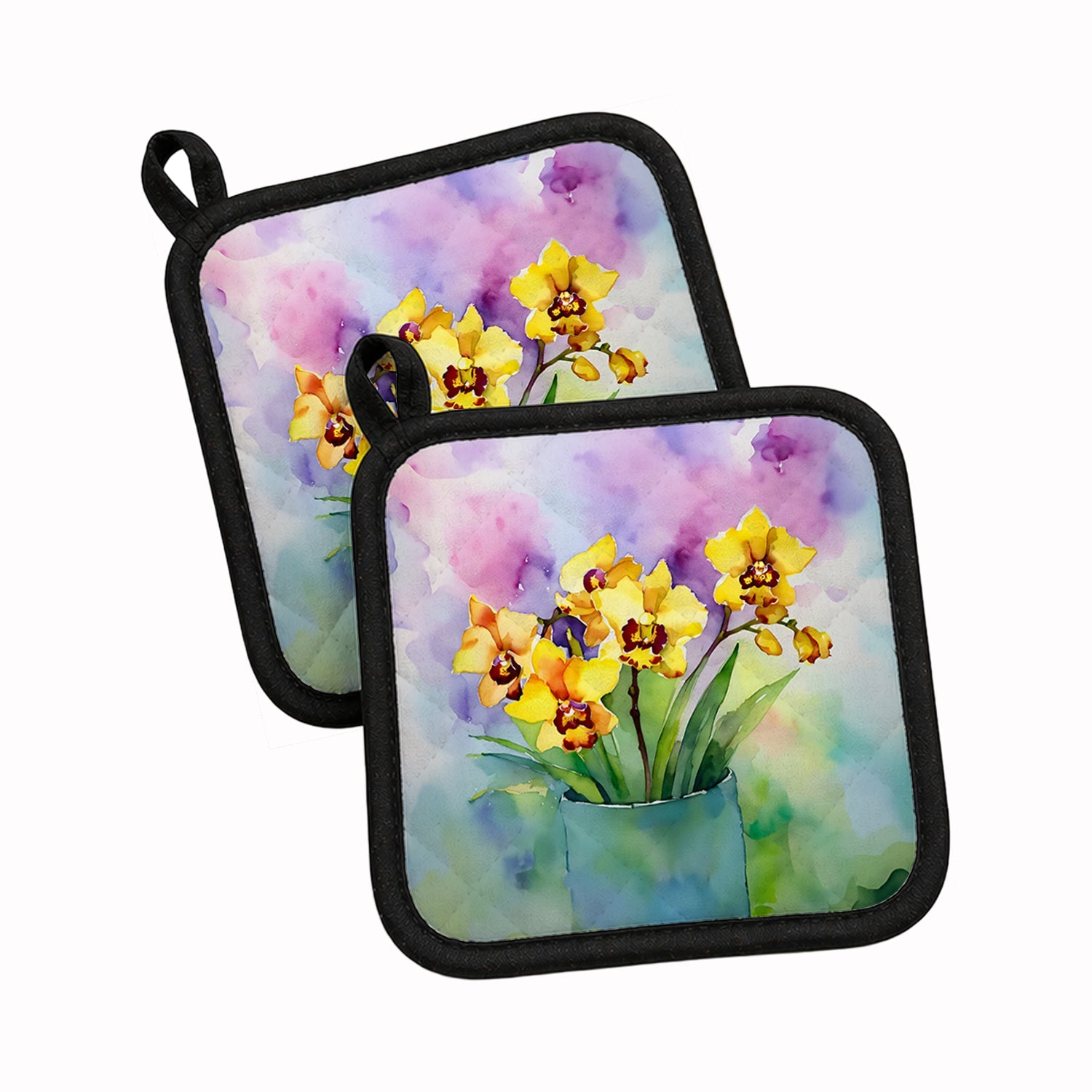 Orchids in Watercolor Pot Holder Set of 2 Heat Resistant Quilted Hot Pads 7.5 x 7.5 Inch, Insulated Kitchen Trivets for Cooking & Baking