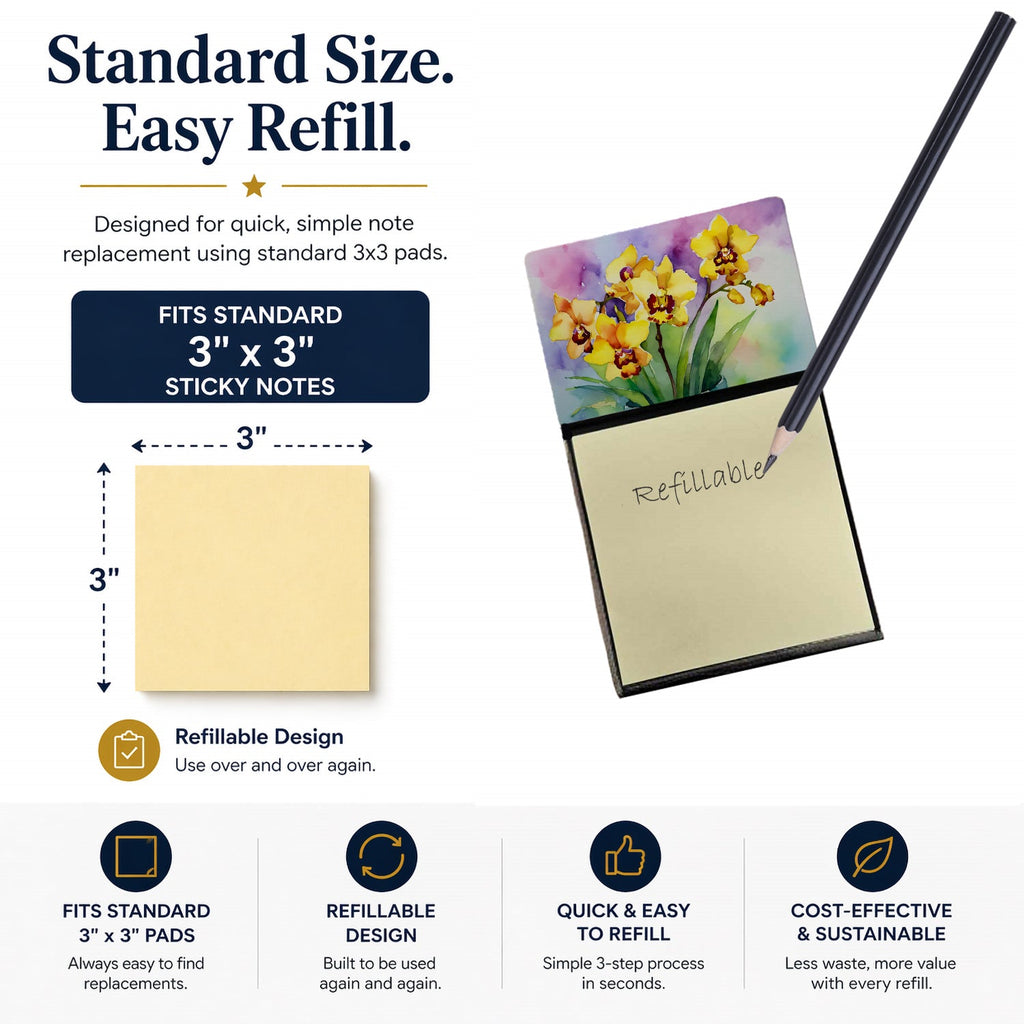 Orchids in Watercolor Watercolor Sticky Note Holder Refillable Dispenser Desk Accessory 3x3 Pad Gift