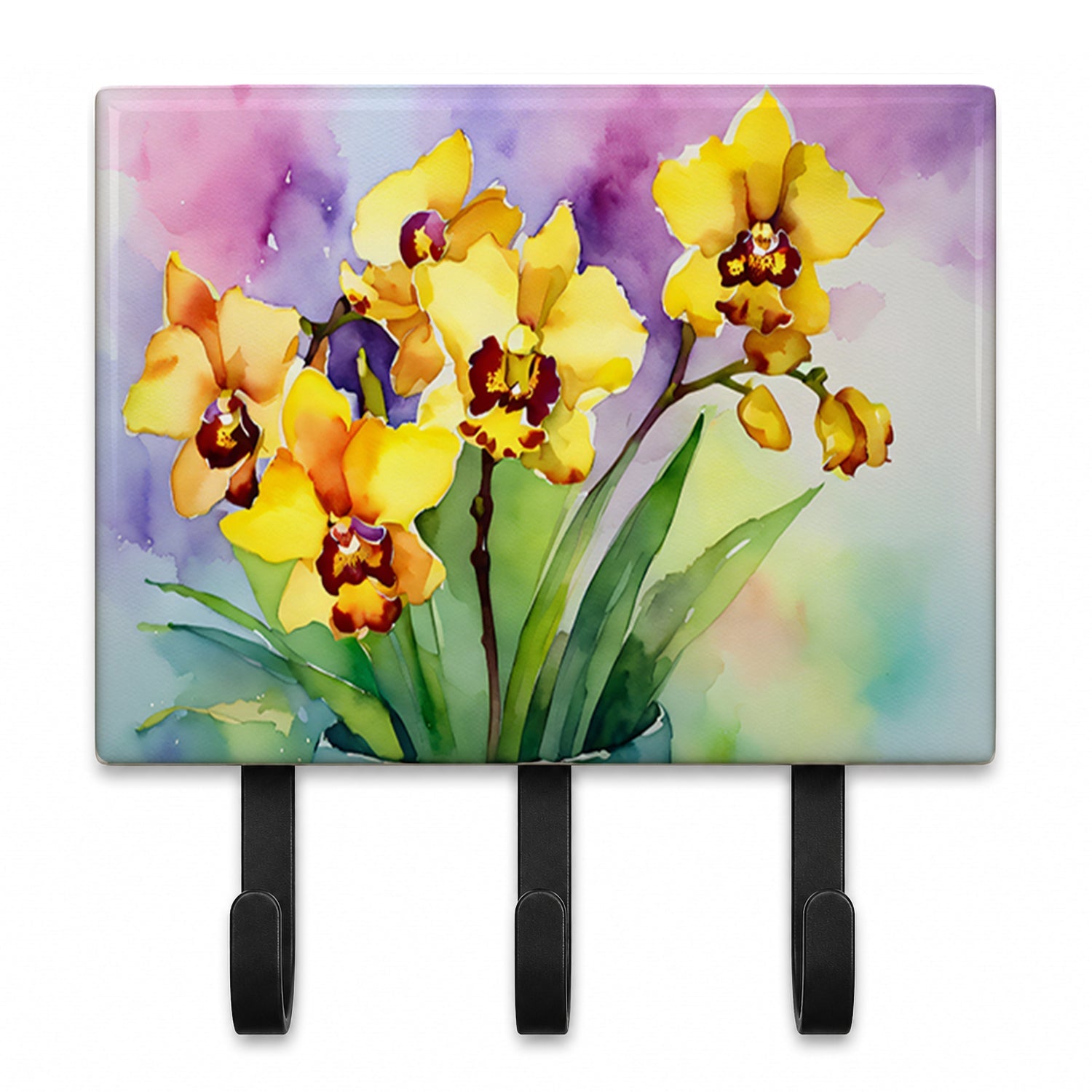 Orchids in Watercolor Leash or Key Holder Wall Hooks, Coat Rack Wall Mount, for Hanging Keys, Towels, Aprons, Leashes