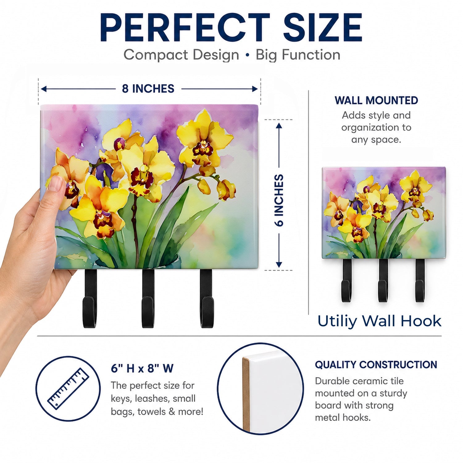 Orchids in Watercolor Leash or Key Holder Wall Hooks, Coat Rack Wall Mount, for Hanging Keys, Towels, Aprons, Leashes