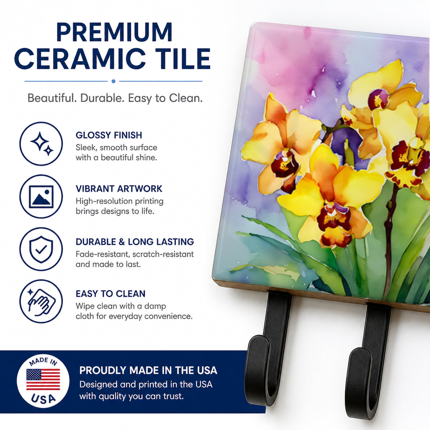 Orchids in Watercolor Leash or Key Holder Wall Hooks, Coat Rack Wall Mount, for Hanging Keys, Towels, Aprons, Leashes