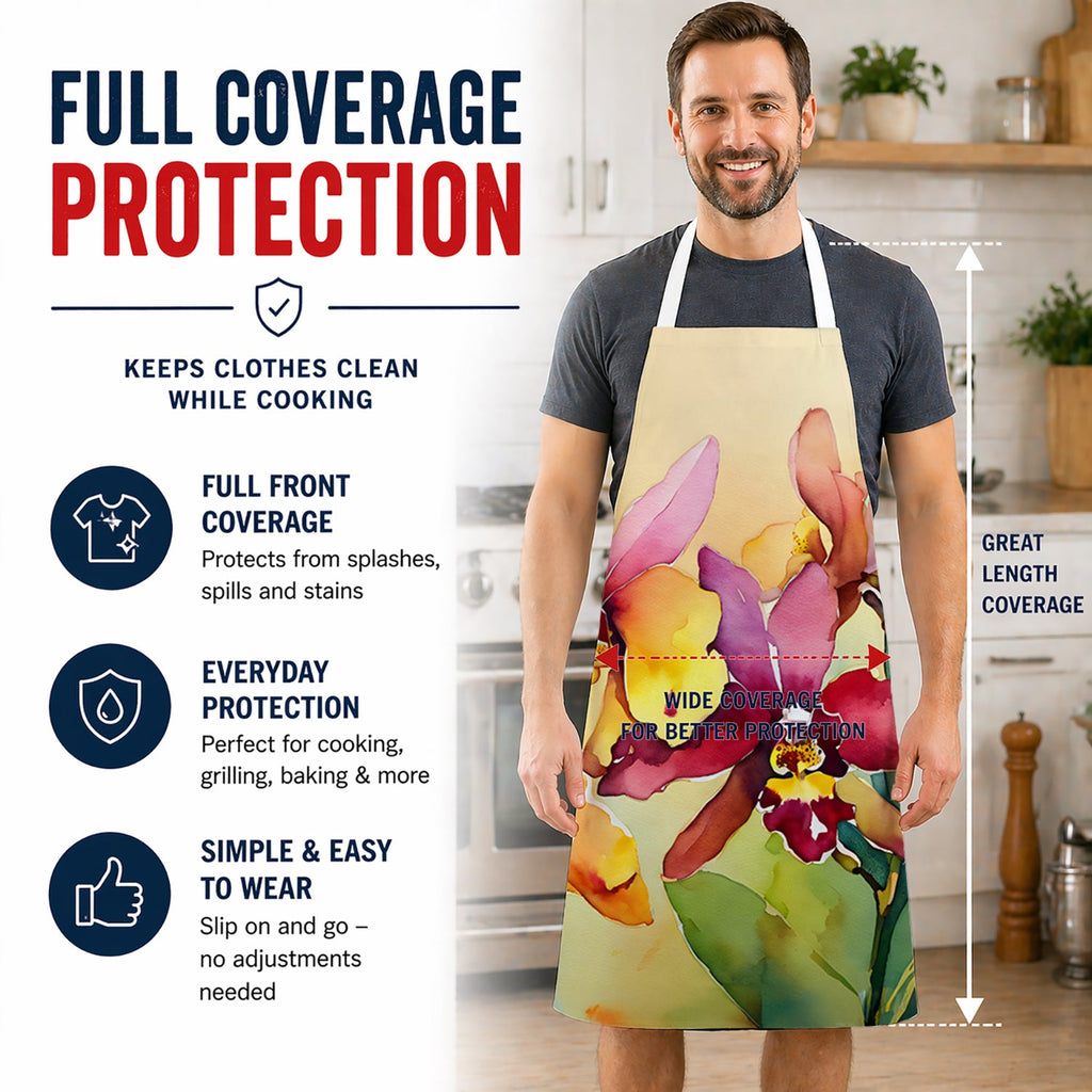 Orchids in Watercolor Apron Cooking Kitchen Server Baking Crafts Gardening for Adult Women Men, Unisex, Large, Multicolor