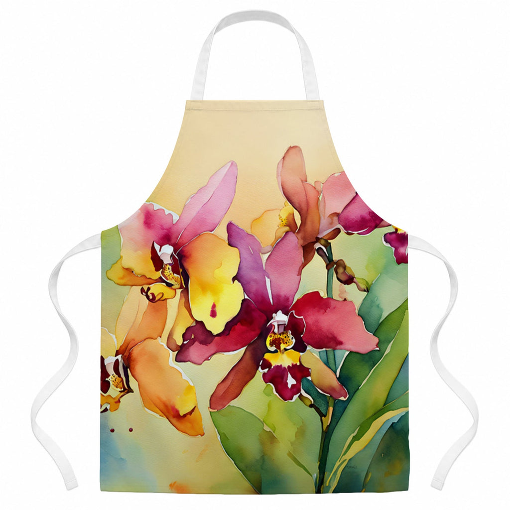 Orchids in Watercolor Apron Cooking Kitchen Server Baking Crafts Gardening for Adult Women Men, Unisex, Large, Multicolor