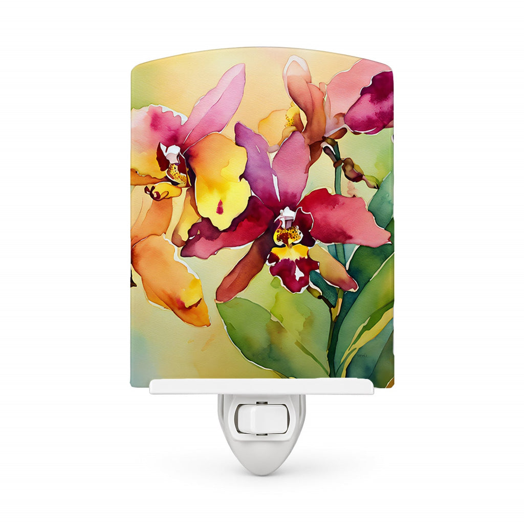 Orchids in Watercolor Ceramic Night Light Compact, UL-Certified, Ideal for Bedroom, Bathroom, Nursery, Hallway, Kitchen, 6x4x3, Multicolor
