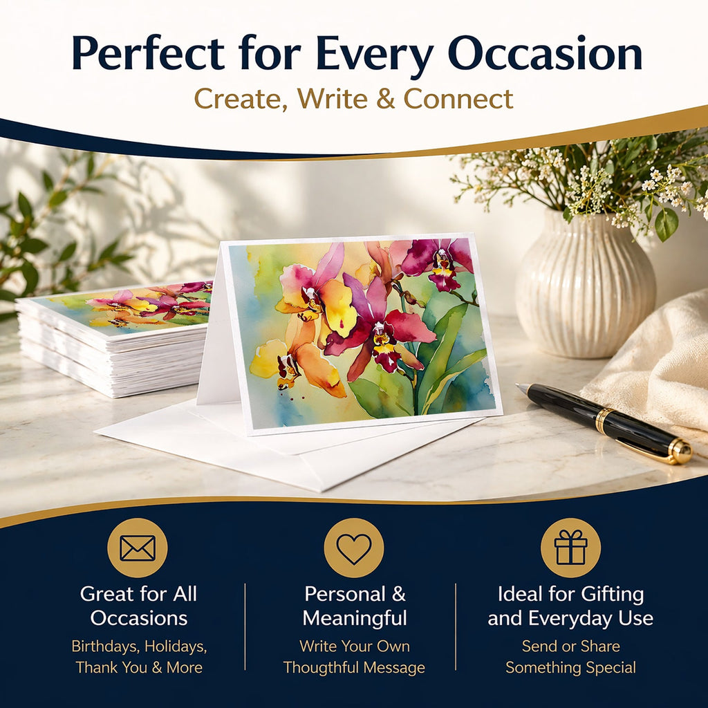 Orchids in Watercolor Greeting Cards Pack of 8 Blank Cards with Envelopes Whimsical A7 Size 5x7