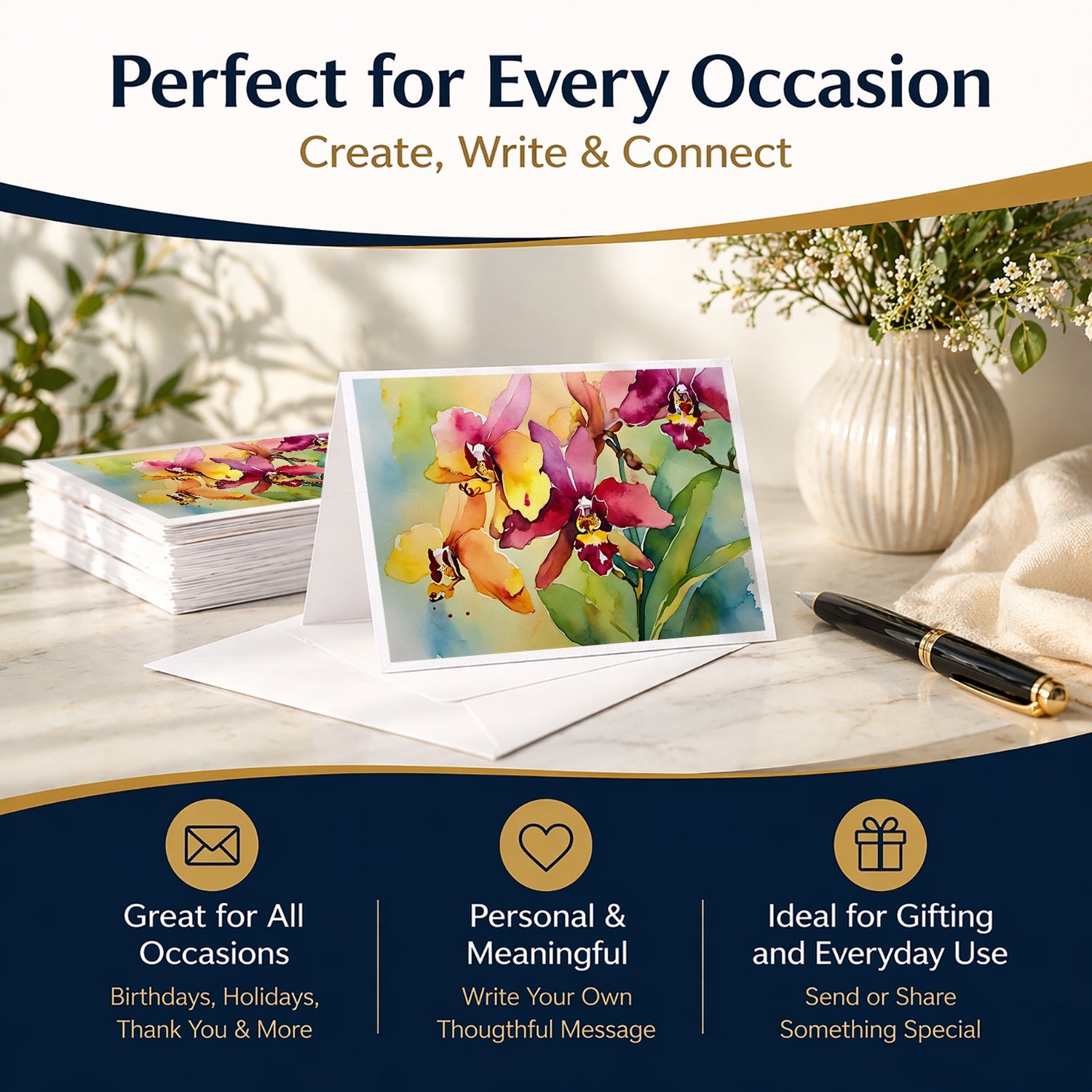 Orchids in Watercolor Greeting Cards Pack of 8 Blank Cards with Envelopes Whimsical A7 Size 5x7