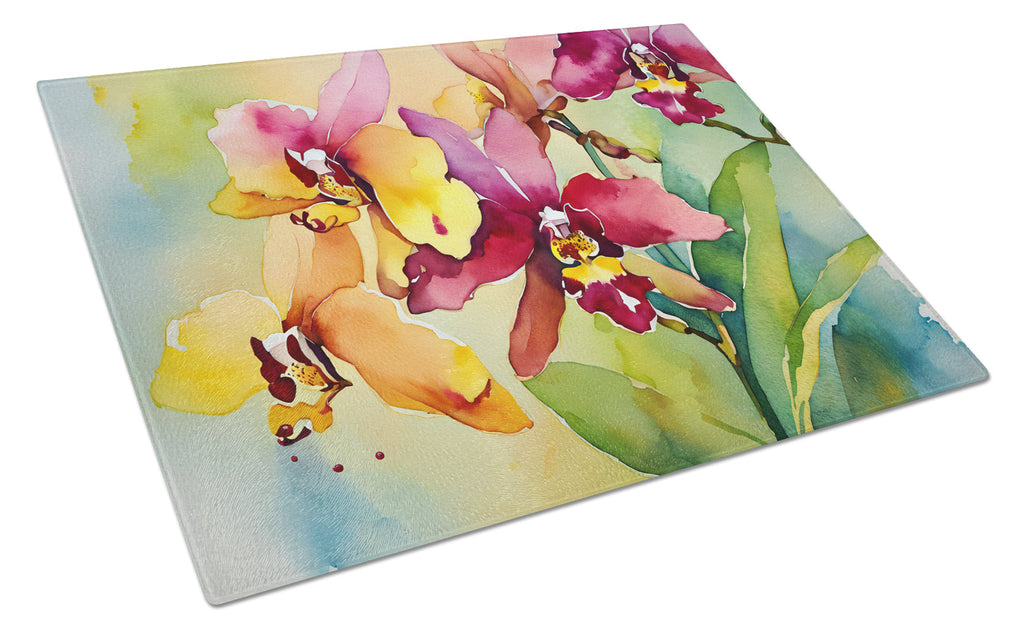 Orchids in Watercolor Cutting Board Tempered Glass Kitchen Cutting Surface, Heat Resistant Chopping, Non-Slip Feet, Food Prep & Serving