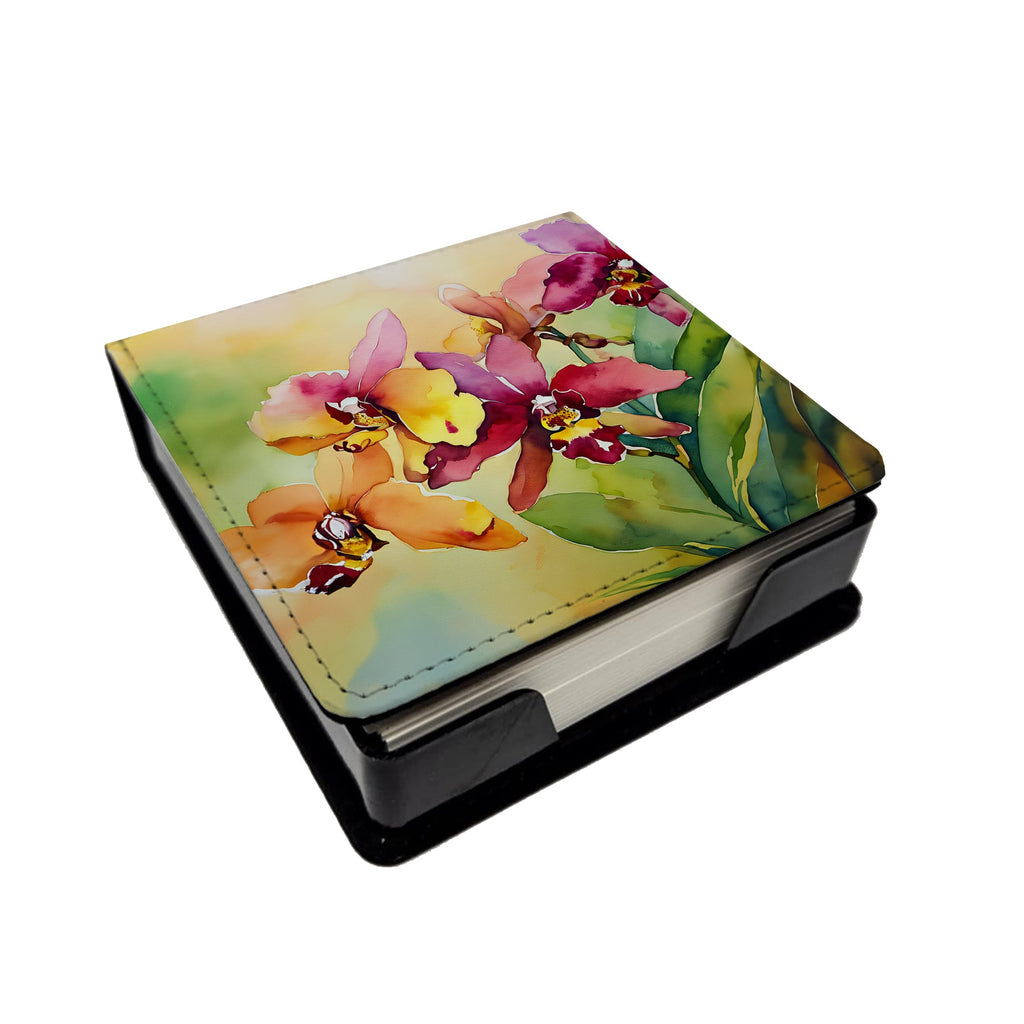 Orchids in Watercolor PU Leather Note Paper Holder with Artist-Designed Cover, Desk Accessory, Office Gift