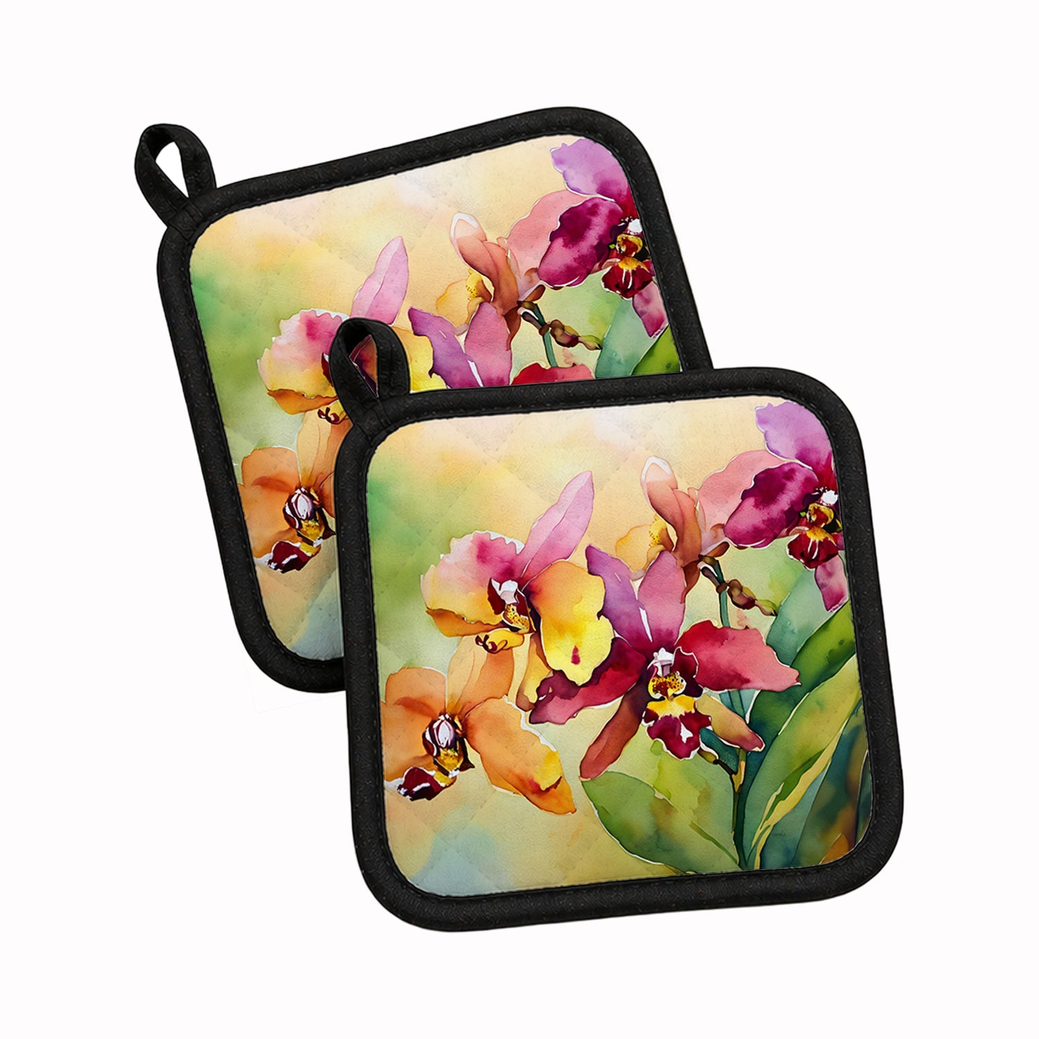 Orchids in Watercolor Pot Holder Set of 2 Heat Resistant Quilted Hot Pads 7.5 x 7.5 Inch, Insulated Kitchen Trivets for Cooking & Baking
