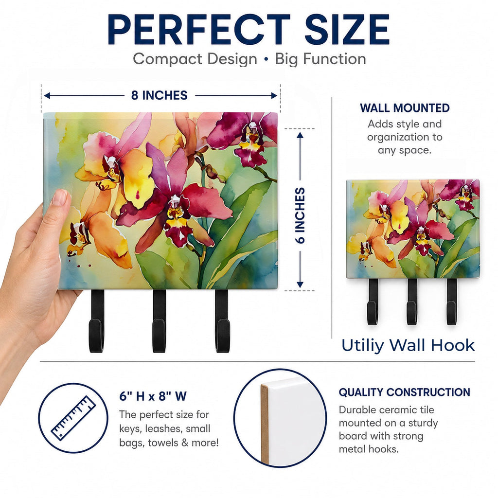 Orchids in Watercolor Leash or Key Holder Wall Hooks, Coat Rack Wall Mount, for Hanging Keys, Towels, Aprons, Leashes