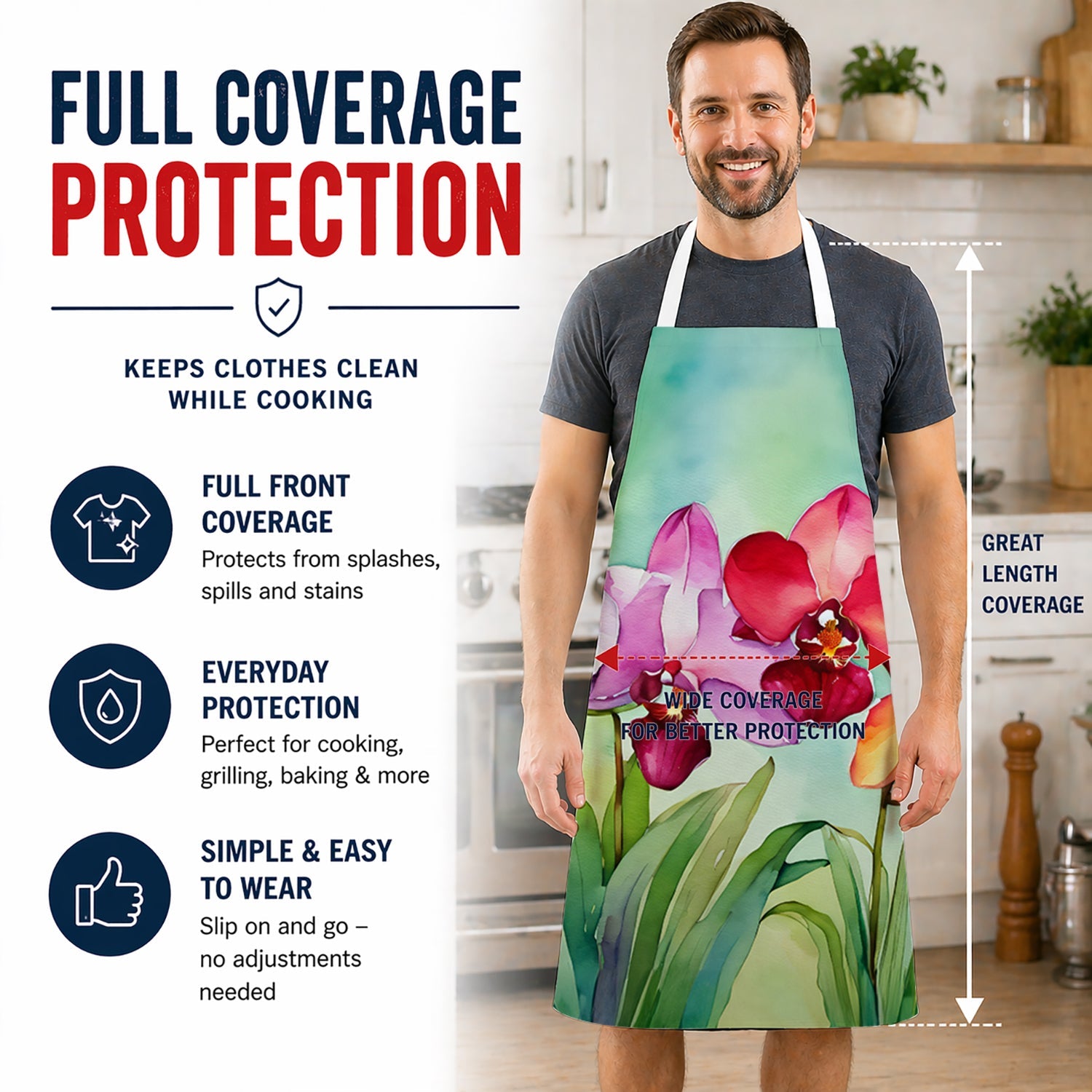 Orchids in Watercolor Apron Cooking Kitchen Server Baking Crafts Gardening for Adult Women Men, Unisex, Large, Multicolor