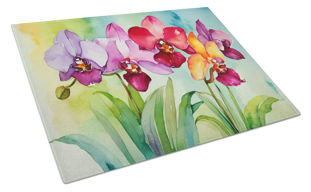 Orchids in Watercolor Cutting Board Tempered Glass Kitchen Cutting Surface, Heat Resistant Chopping, Non-Slip Feet, Food Prep & Serving