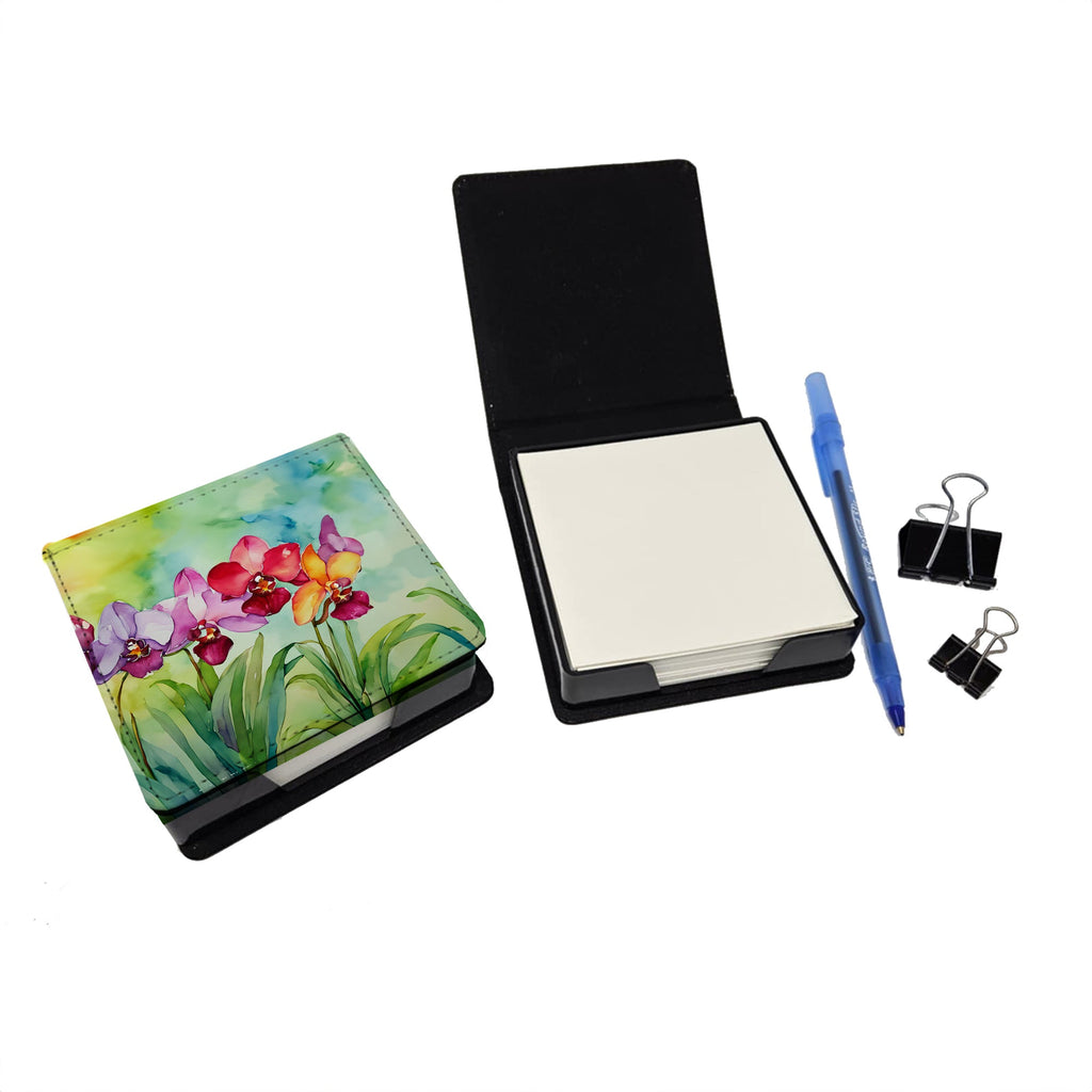 Orchids in Watercolor PU Leather Note Paper Holder with Artist-Designed Cover, Desk Accessory, Office Gift