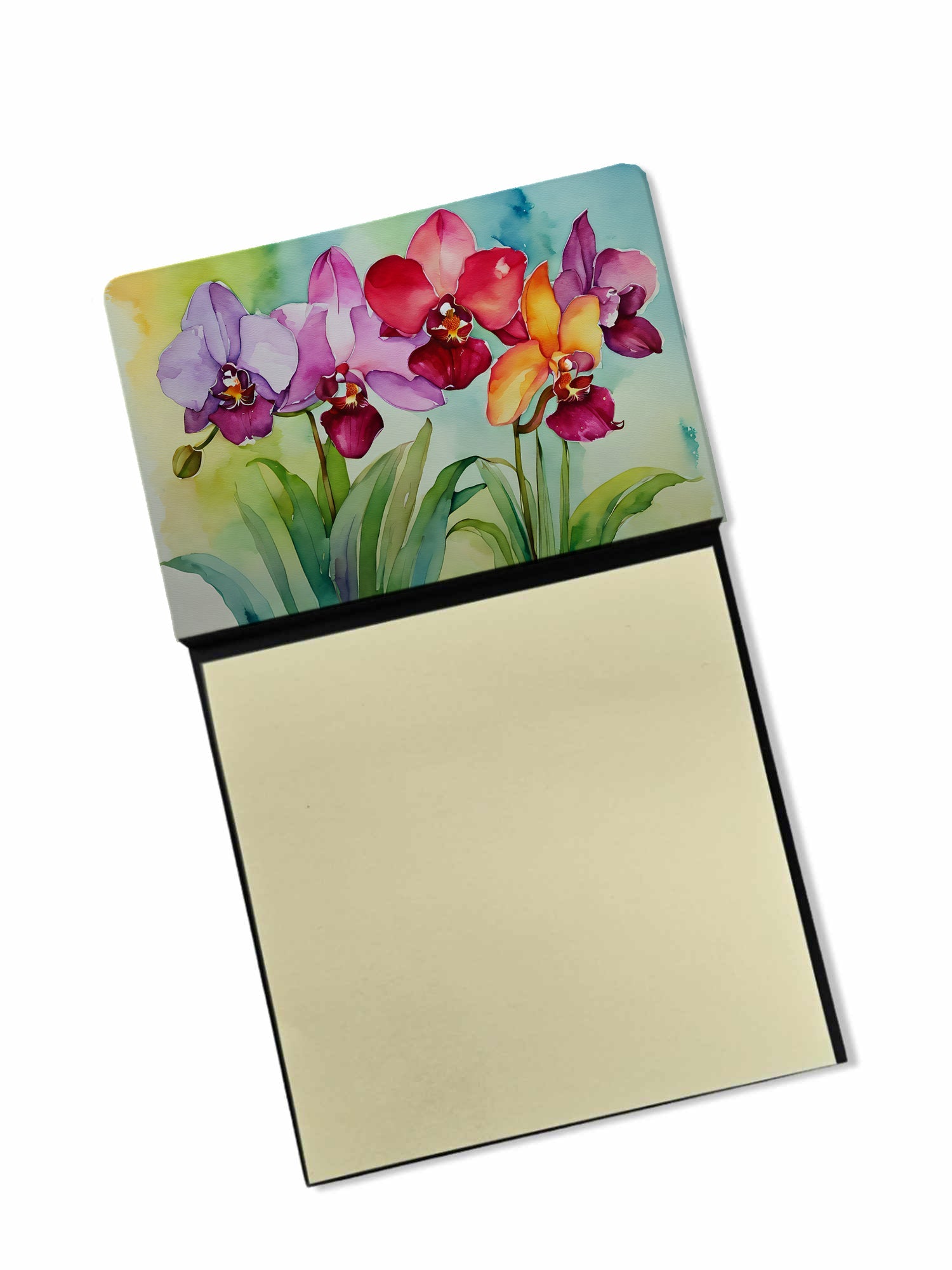 Orchids in Watercolor Watercolor Sticky Note Holder Refillable Dispenser Desk Accessory 3x3 Pad Gift