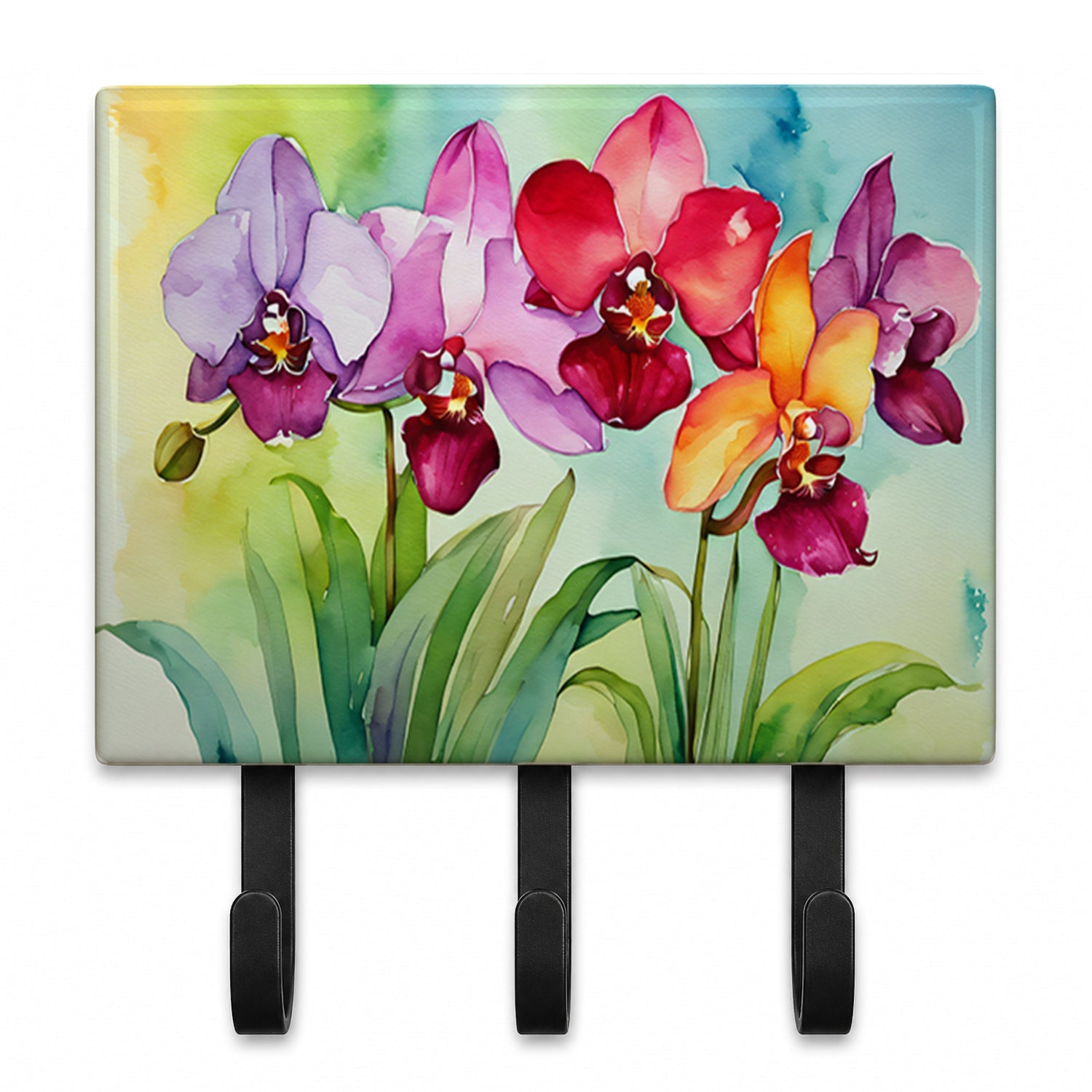 Orchids in Watercolor Leash or Key Holder Wall Hooks, Coat Rack Wall Mount, for Hanging Keys, Towels, Aprons, Leashes