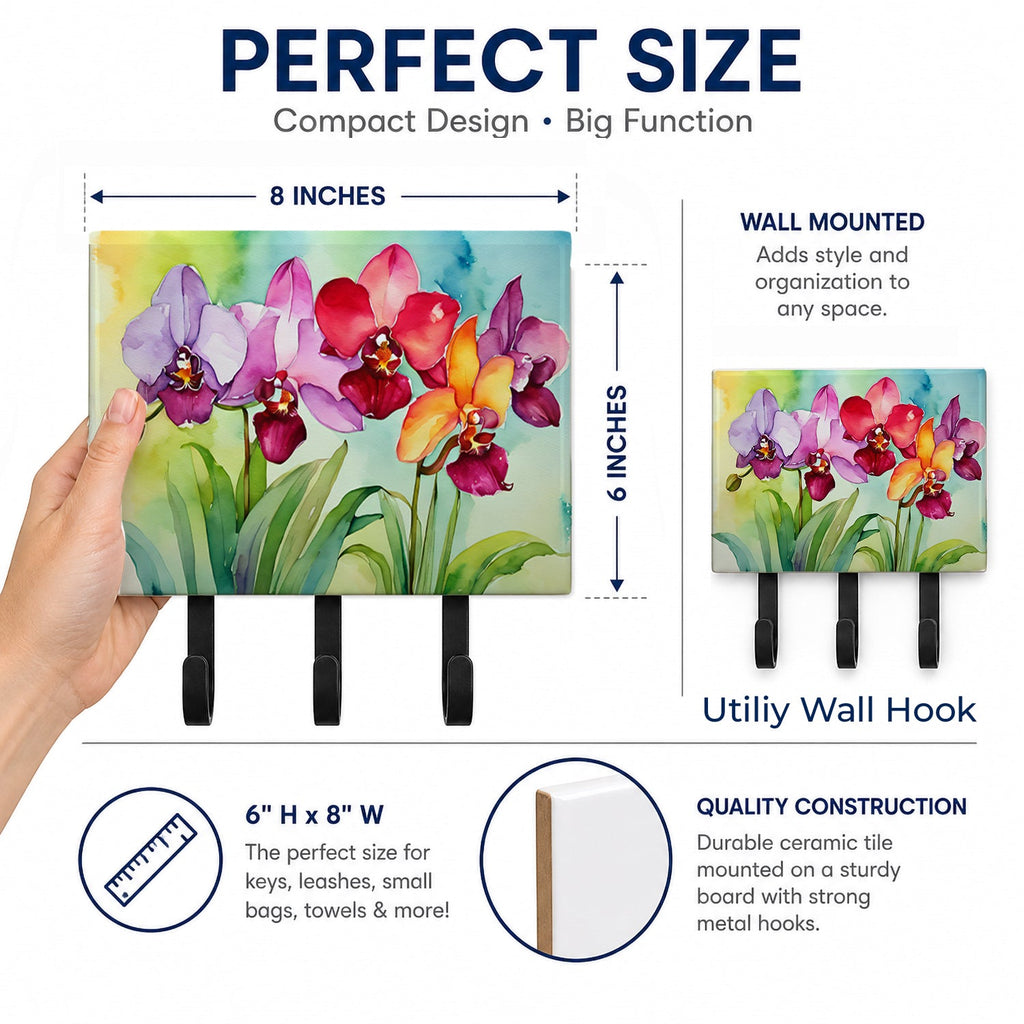 Orchids in Watercolor Leash or Key Holder Wall Hooks, Coat Rack Wall Mount, for Hanging Keys, Towels, Aprons, Leashes