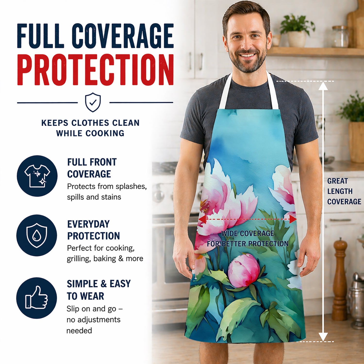 Peonies in Watercolor Apron Cooking Kitchen Server Baking Crafts Gardening for Adult Women Men, Unisex, Large, Multicolor