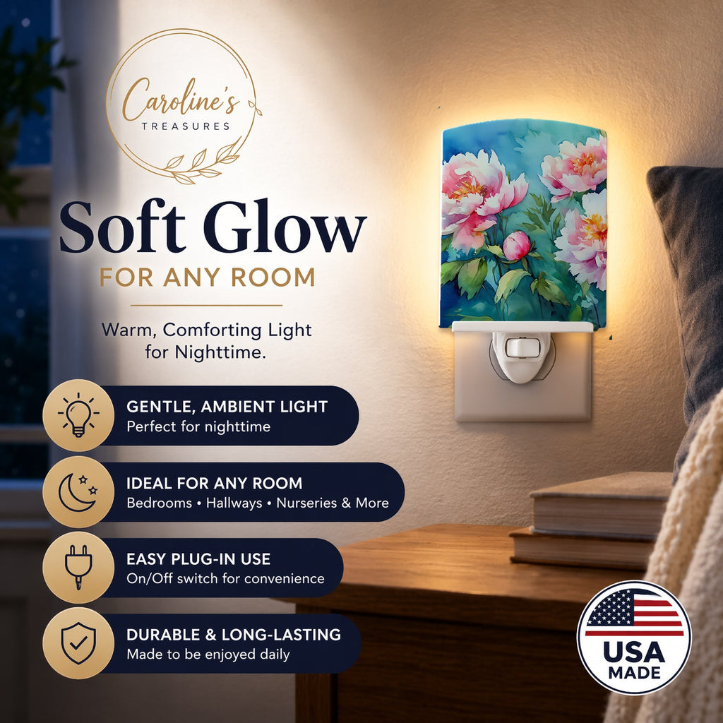 Peonies in Watercolor Ceramic Night Light Compact, UL-Certified, Ideal for Bedroom, Bathroom, Nursery, Hallway, Kitchen, 6x4x3, Multicolor