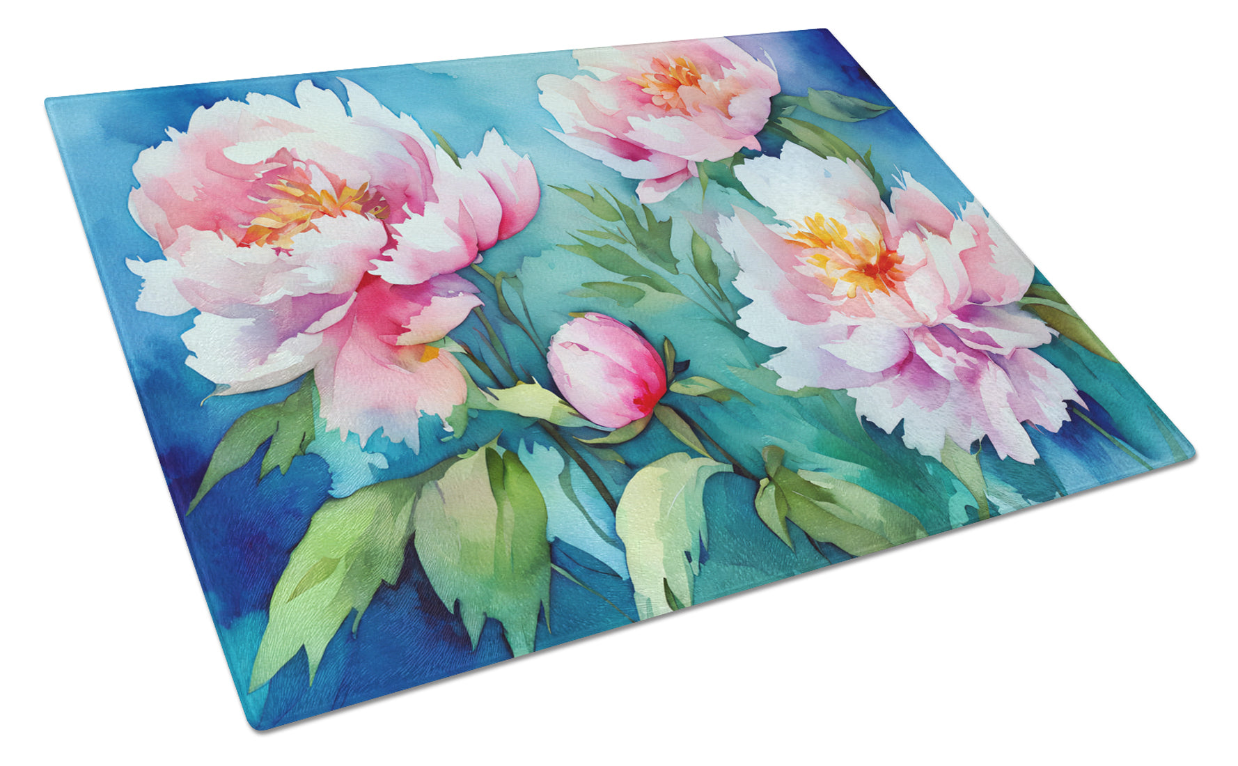 Peonies in Watercolor Cutting Board Tempered Glass Kitchen Cutting Surface, Heat Resistant Chopping, Non-Slip Feet, Food Prep & Serving