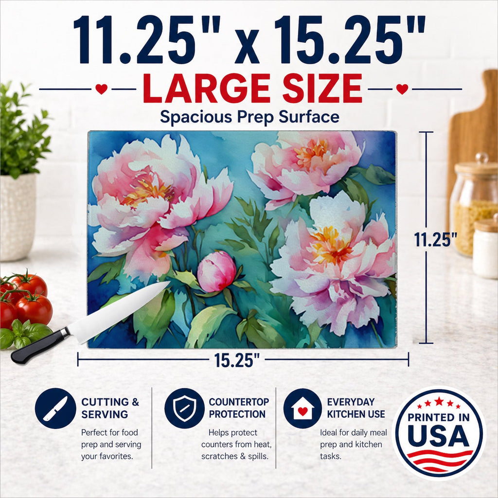 Peonies in Watercolor Cutting Board Tempered Glass Kitchen Cutting Surface, Heat Resistant Chopping, Non-Slip Feet, Food Prep & Serving