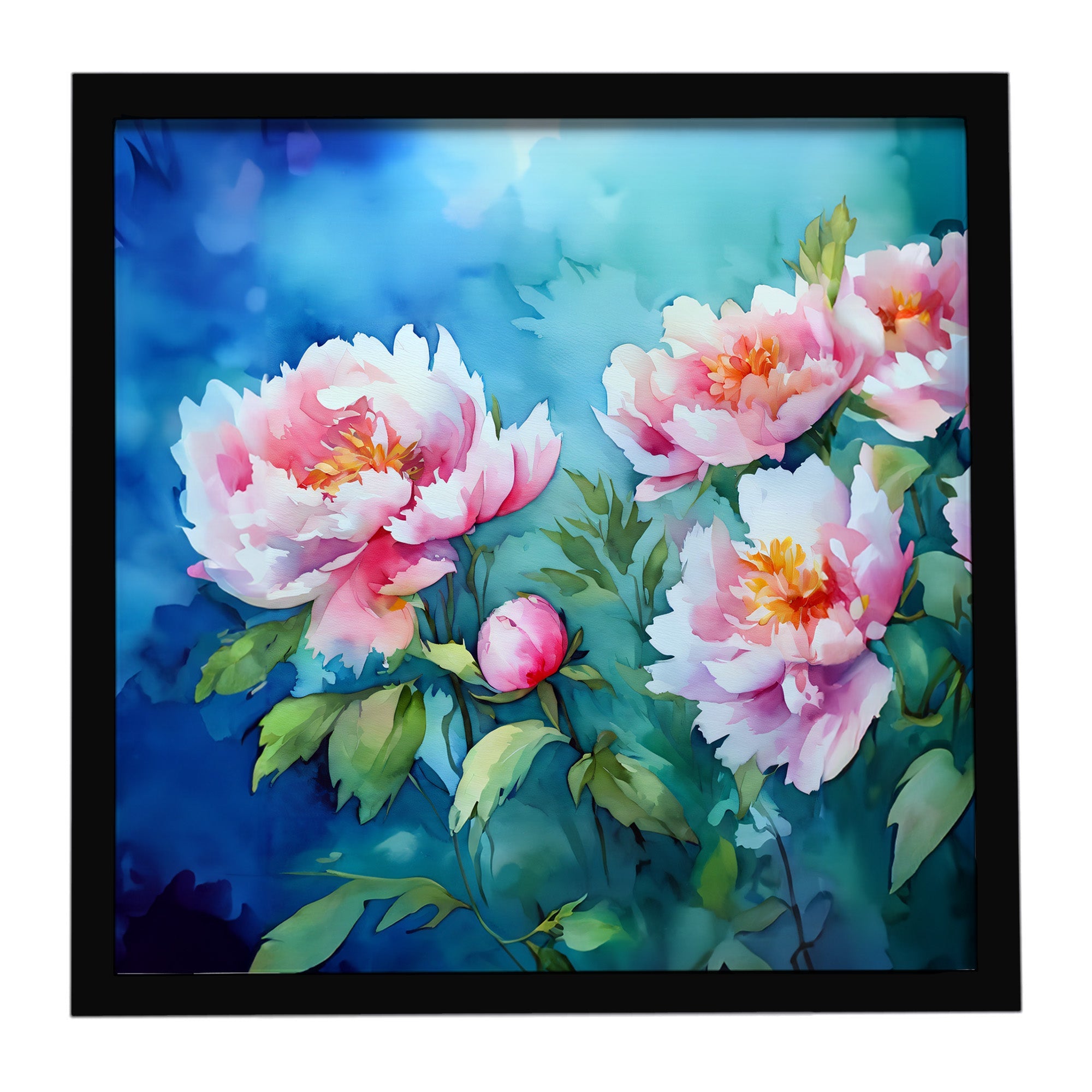 Peonies in Watercolor Framed Metal Print Bathroom, Kitchen, Office, Home Decor Wall Art Ready to Hang, Square, 8X8
