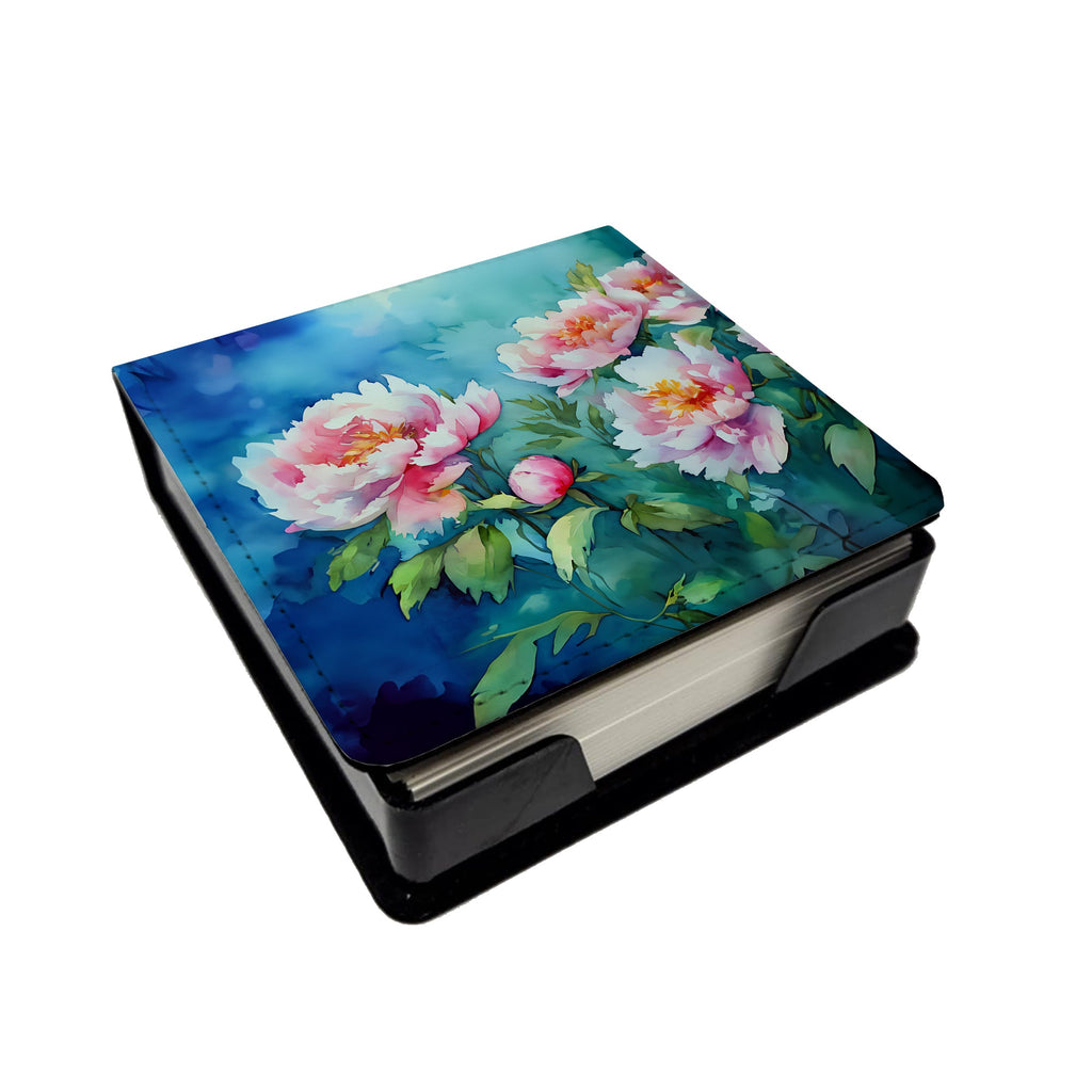 Peonies in Watercolor PU Leather Note Paper Holder with Artist-Designed Cover, Desk Accessory, Office Gift