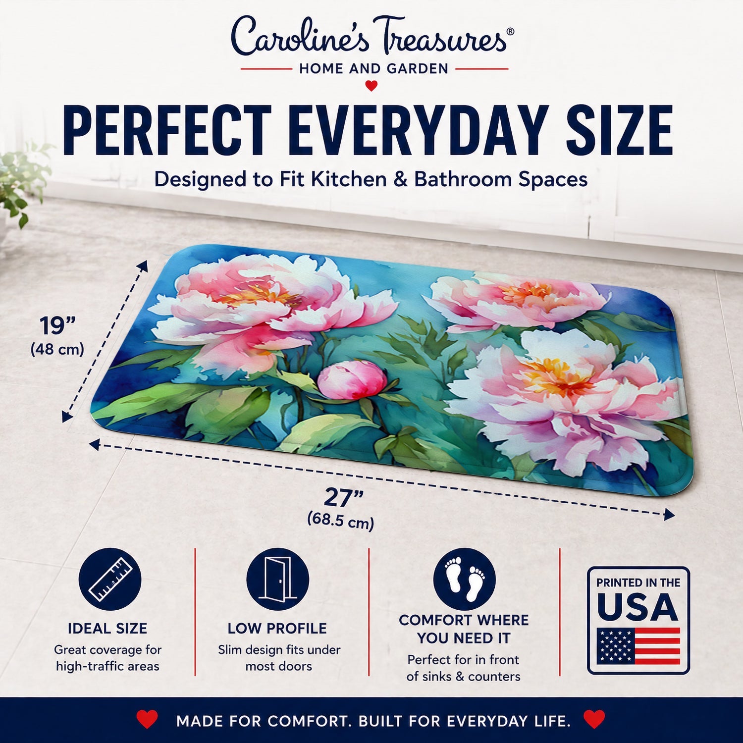 Peonies in Watercolor Memory Foam Kitchen Mat Machine Washable Anti-Fatigue Cushion Comfort Bath or Kitchen Rug