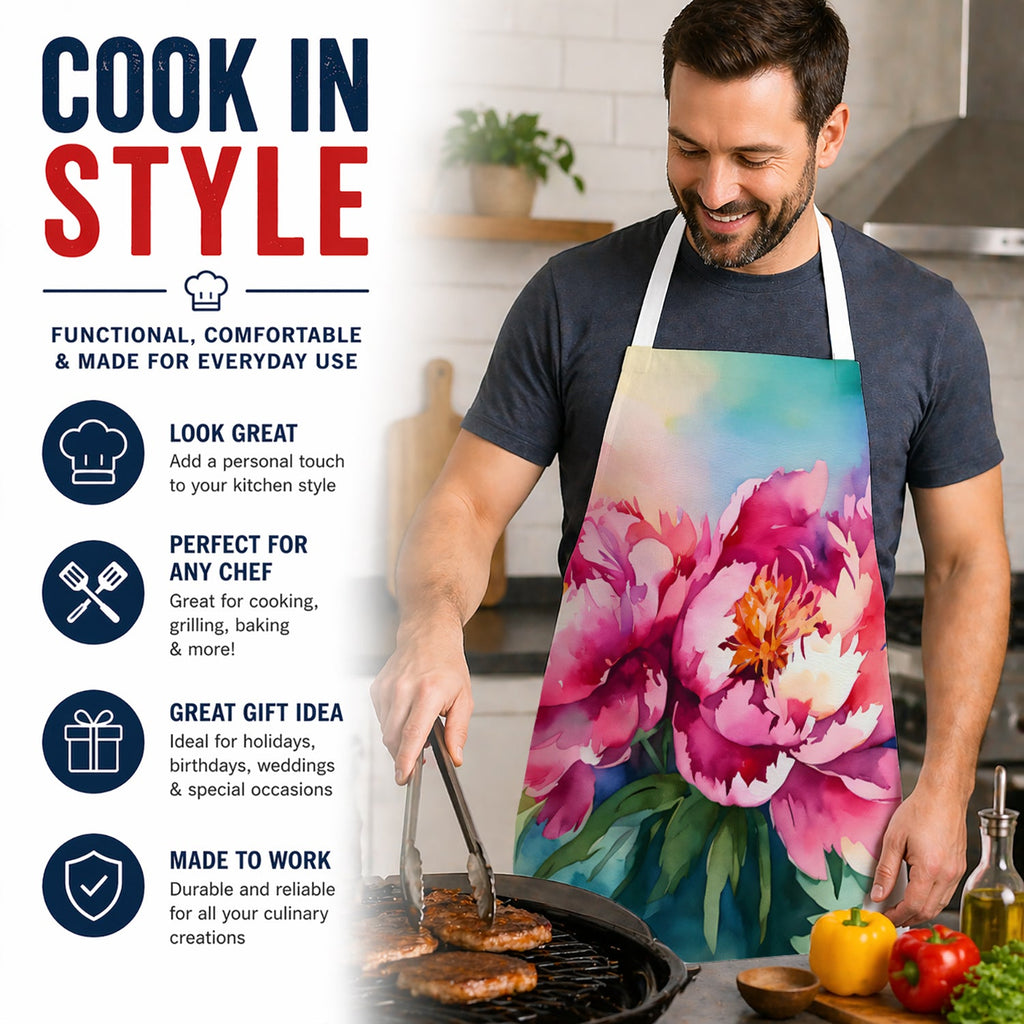 Peonies in Watercolor Apron Cooking Kitchen Server Baking Crafts Gardening for Adult Women Men, Unisex, Large, Multicolor