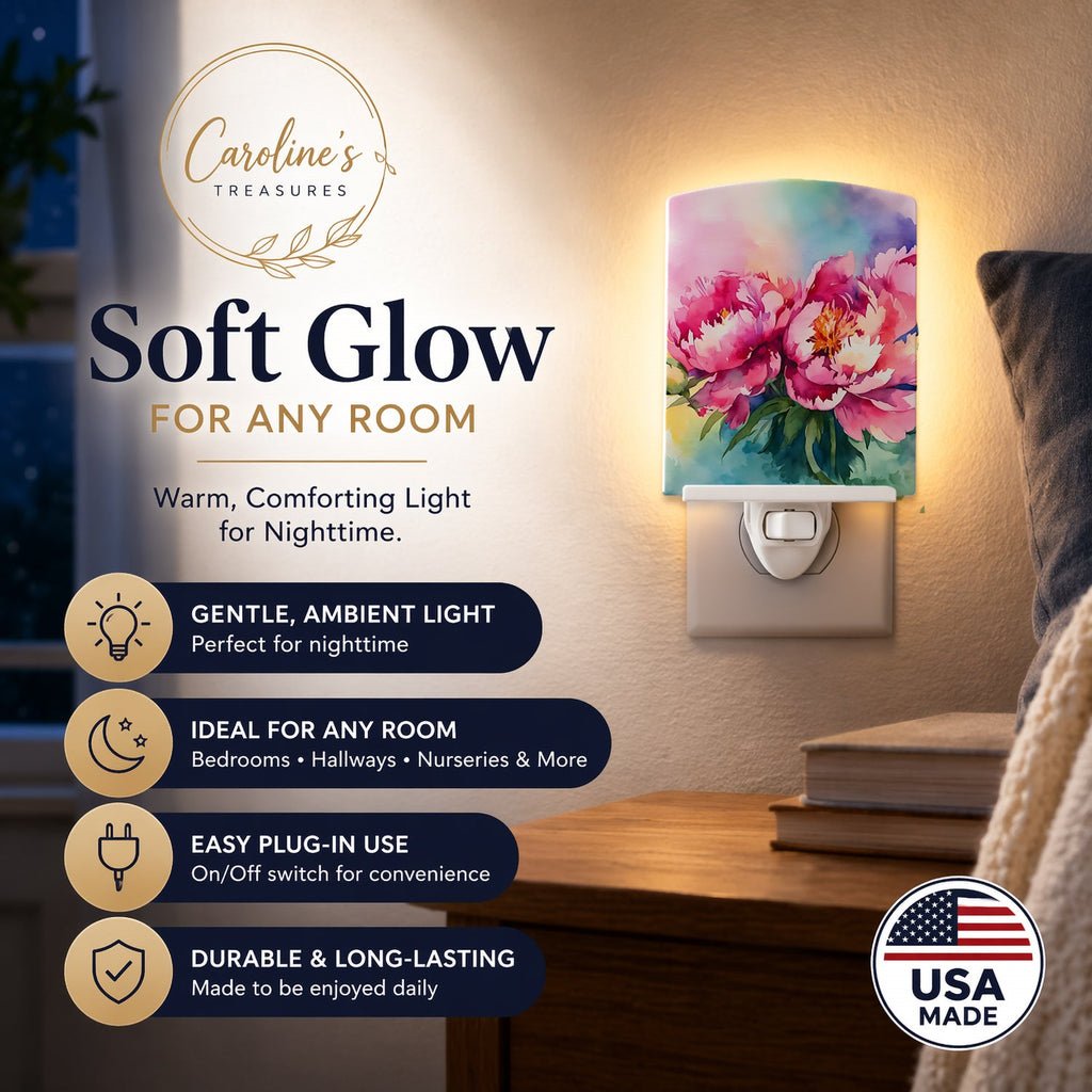 Peonies in Watercolor Ceramic Night Light Compact, UL-Certified, Ideal for Bedroom, Bathroom, Nursery, Hallway, Kitchen, 6x4x3, Multicolor