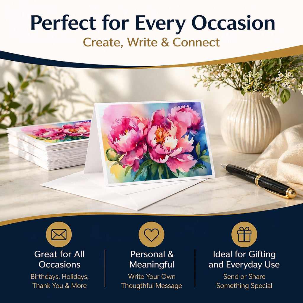 Peonies in Watercolor Greeting Cards Pack of 8 Blank Cards with Envelopes Whimsical A7 Size 5x7