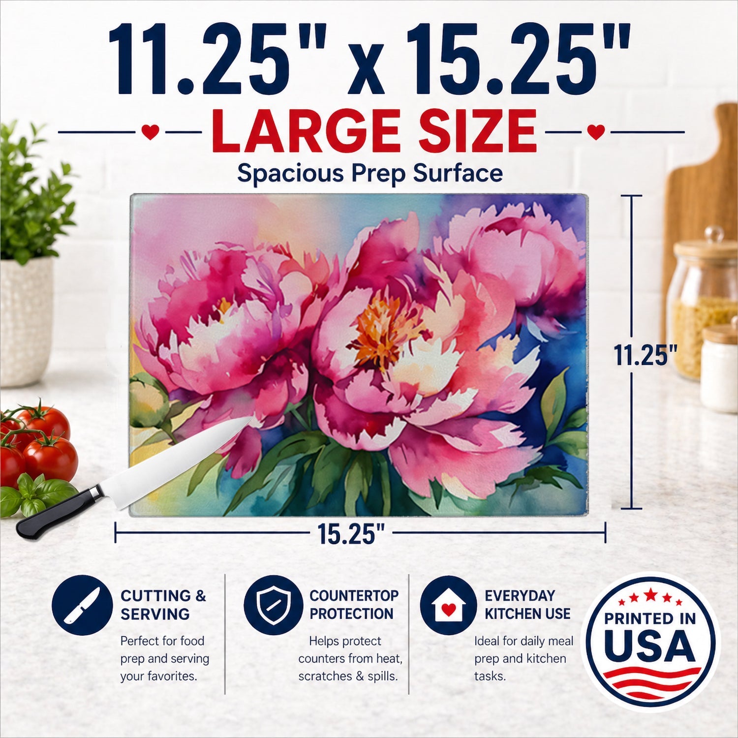 Peonies in Watercolor Cutting Board Tempered Glass Kitchen Cutting Surface, Heat Resistant Chopping, Non-Slip Feet, Food Prep & Serving