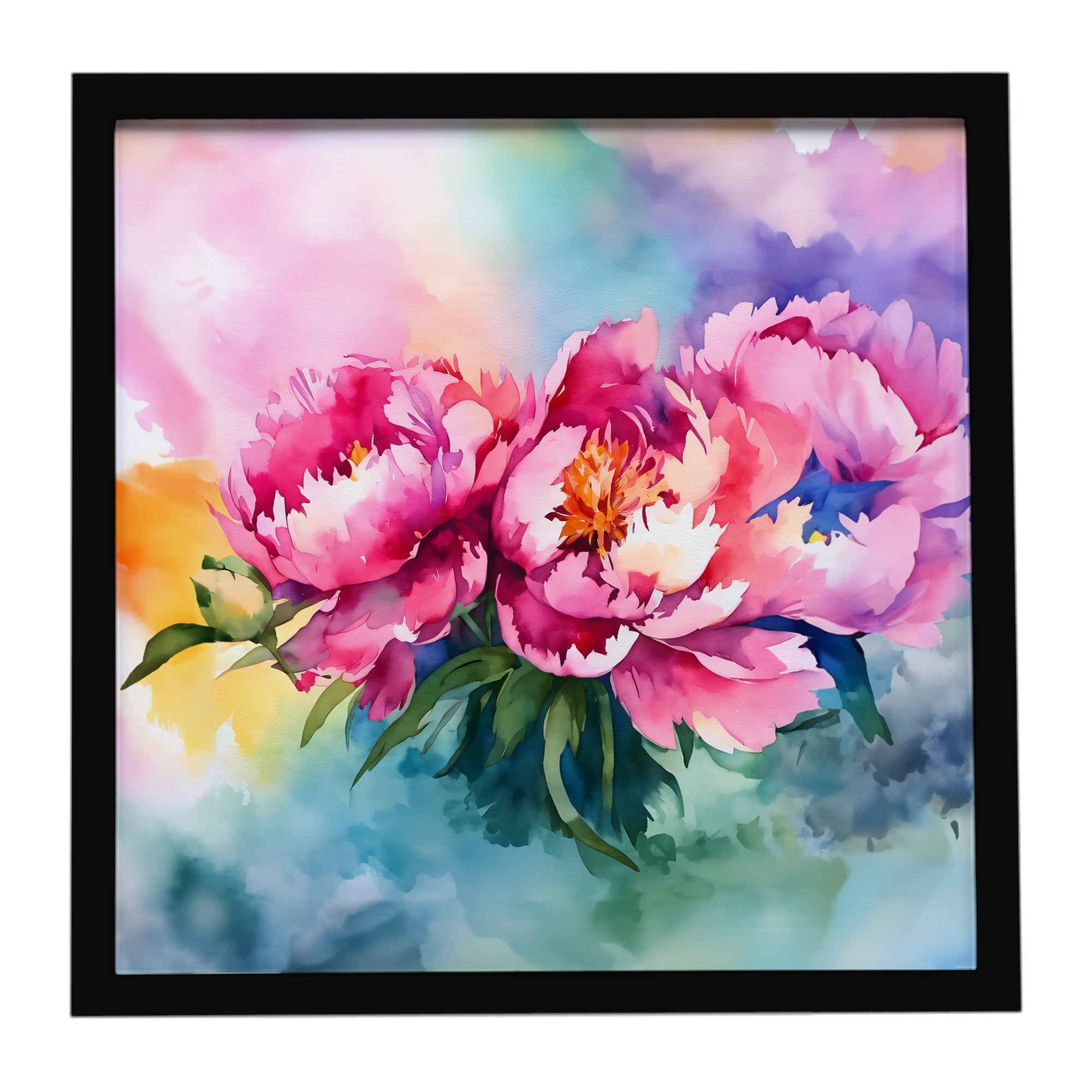 Peonies in Watercolor Framed Metal Print Bathroom, Kitchen, Office, Home Decor Wall Art Ready to Hang, Square, 8X8