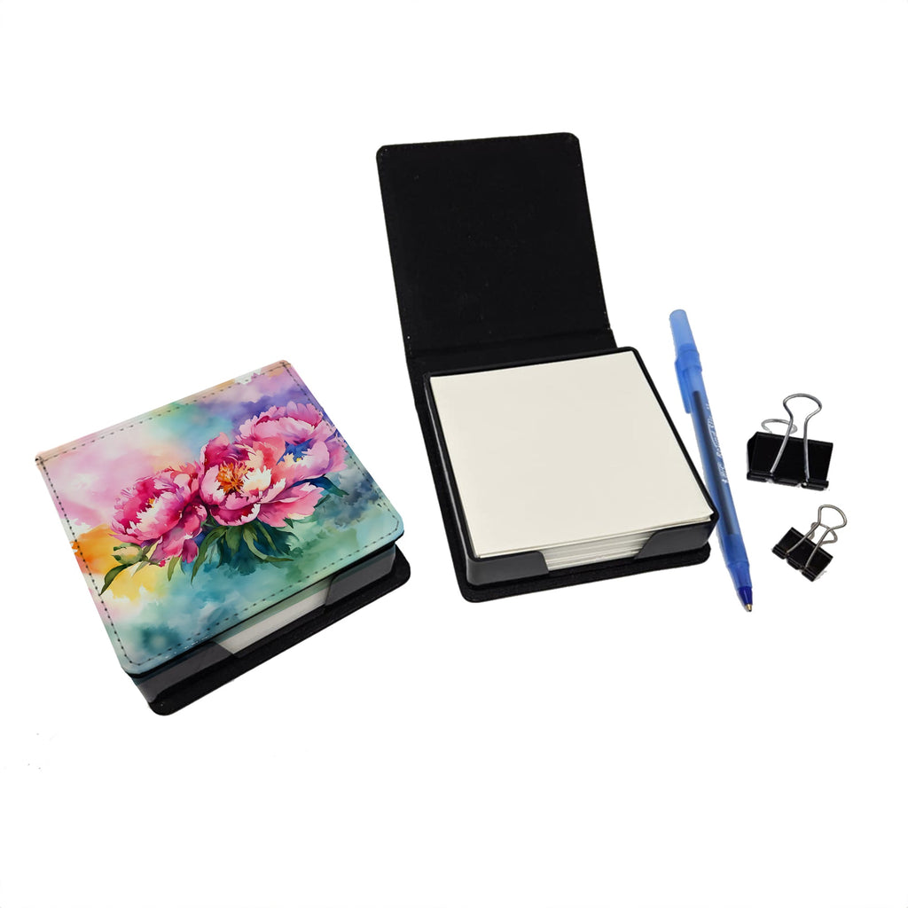 Peonies in Watercolor PU Leather Note Paper Holder with Artist-Designed Cover, Desk Accessory, Office Gift